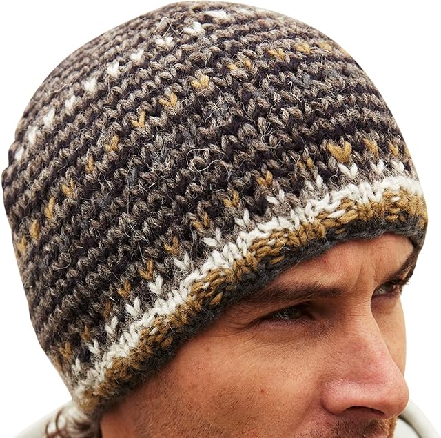 Men Wool Beanie Skull Hat Fleece Lined Handknitted Charcoal Rough Stripe One-Size Handmade Skull Cap Extra Warm Pachamama Fair Trade
