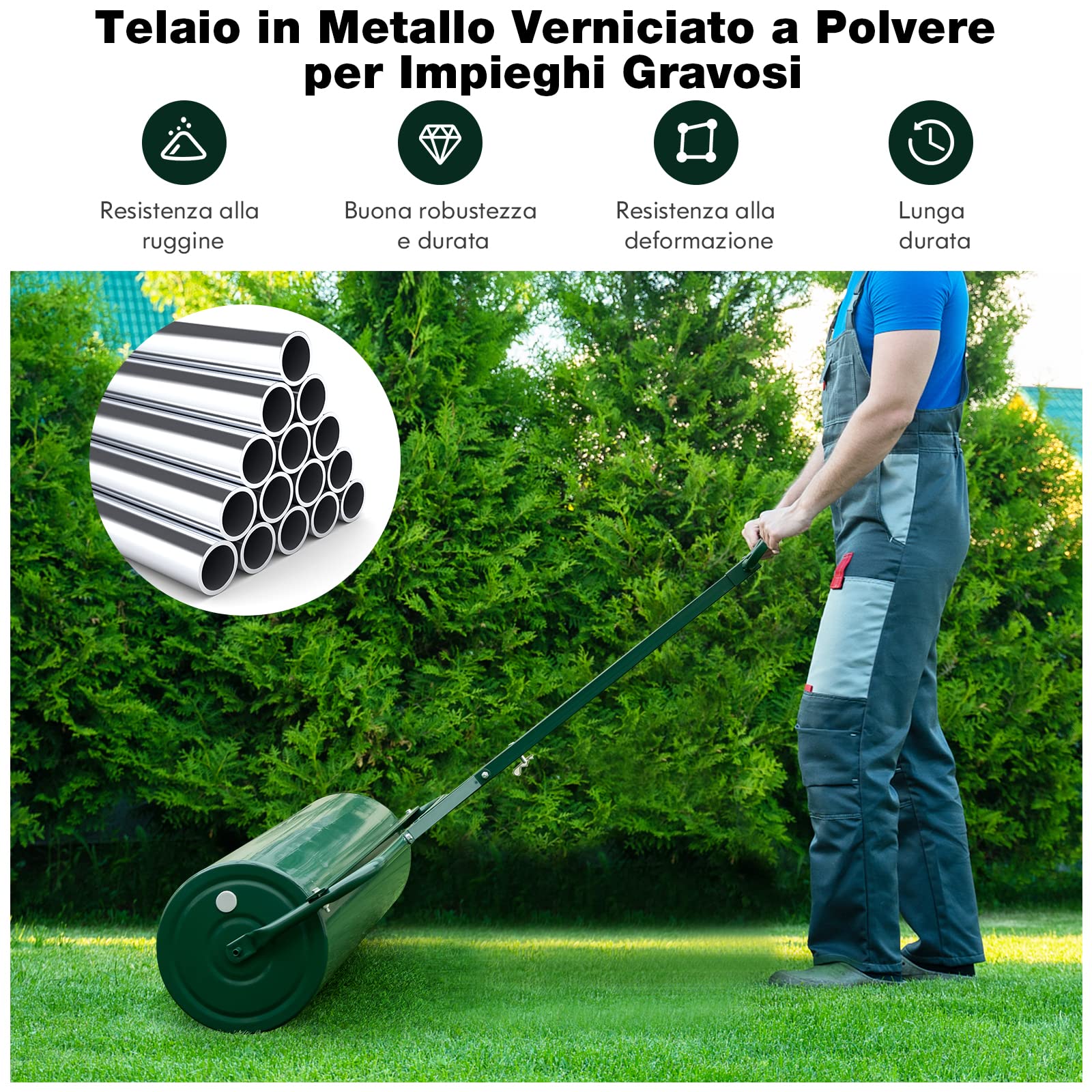 COSTWAY Rullo per Prato in Metallo 63 L, 90 cm, Riempibile Acqua/Sabbia, Impugnatura Staccabile 137 cm, Verde
