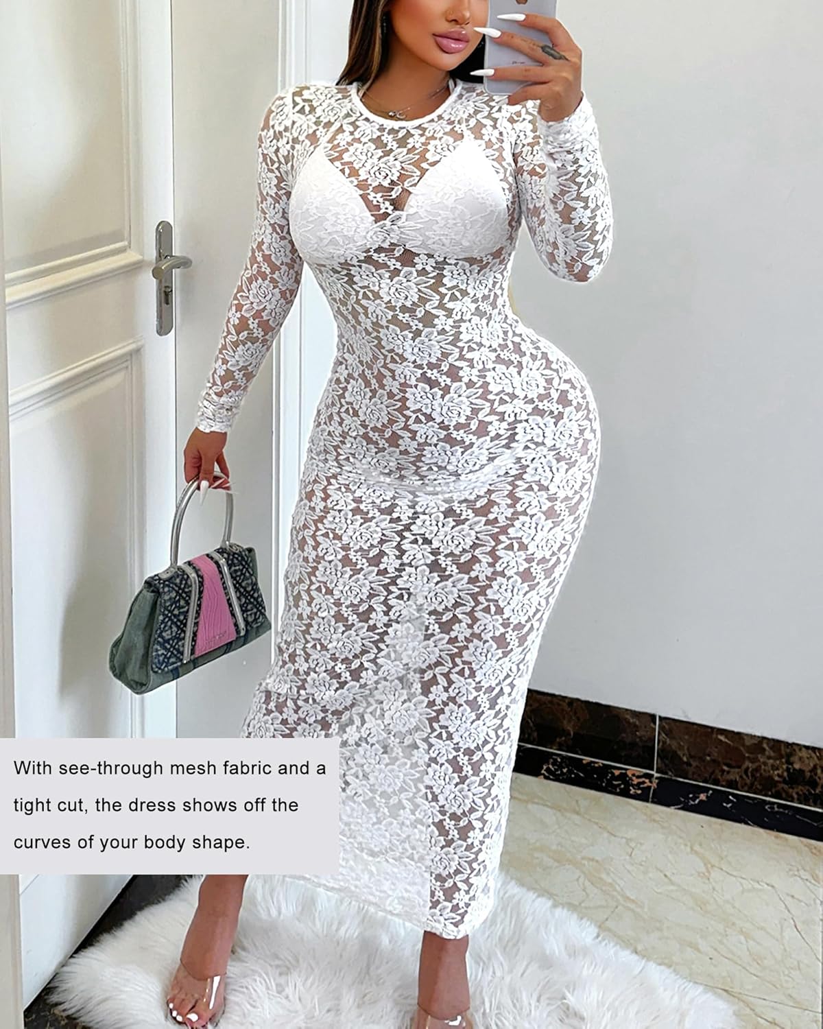 Elegant Long Sleeve Lace Dress for Women - Lace Maxi Dress with Sheer Overlay, Sexy Maternity & Evening Gown - Image 4