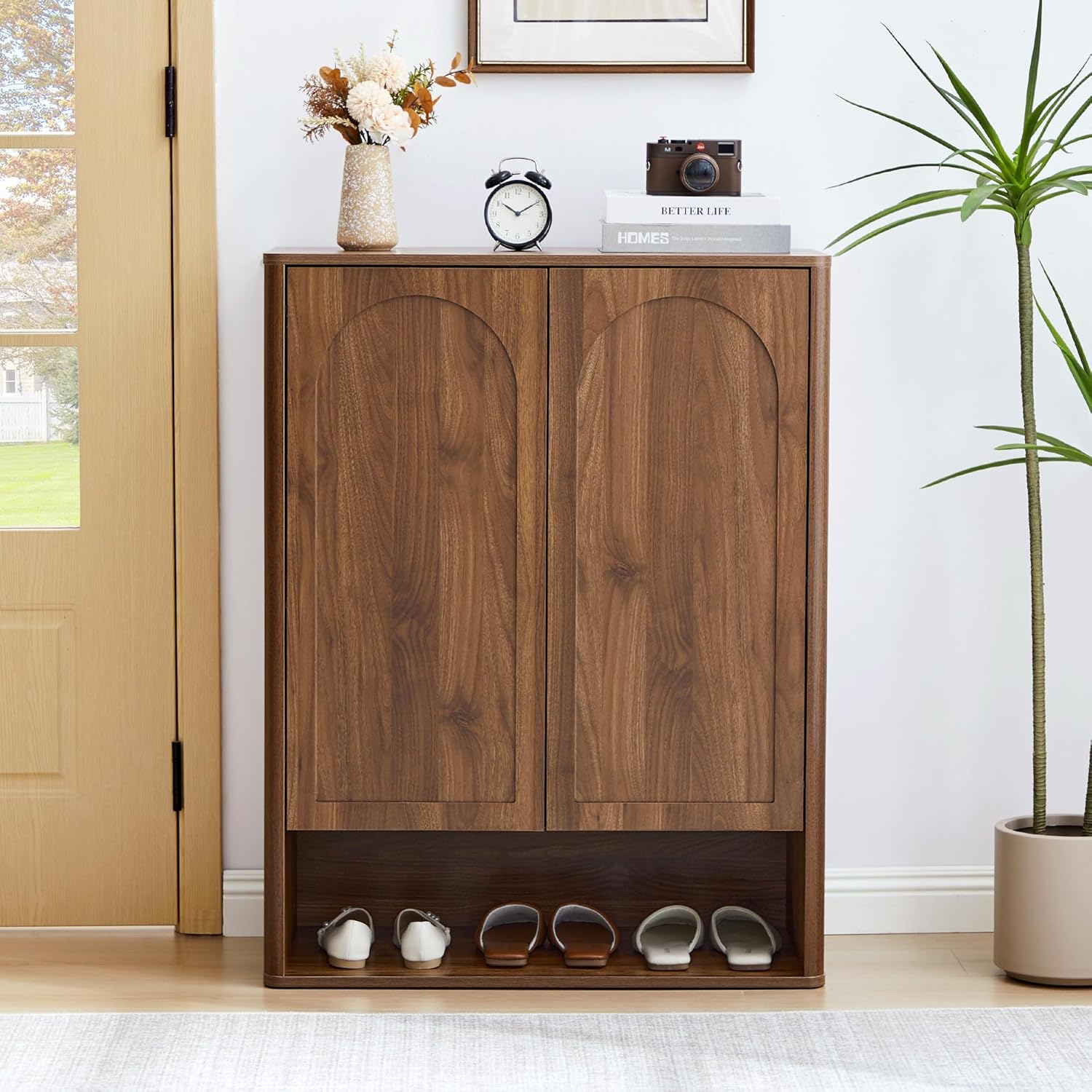 Shoe Cabinet, 5 Tier Wooden Shoe Storage Organizer Cabinet with Adjustable Shelves, Shoes Rack Accent Cabinet for Entryway Hallway Living Room, Walnut