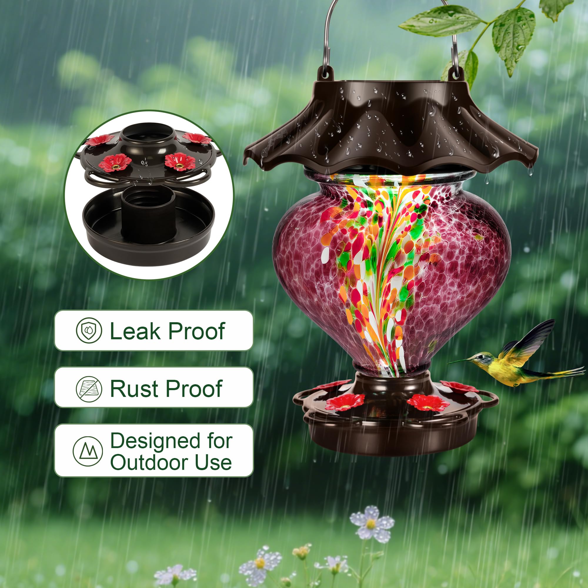 Mangiatoia solare a forma di cuore per esterni, in vetro soffiato a mano, 33 fl.oz, a prova di perdite e antiruggine, include 2 ganci per appendere, decorazione unica da giardino con LED a energia