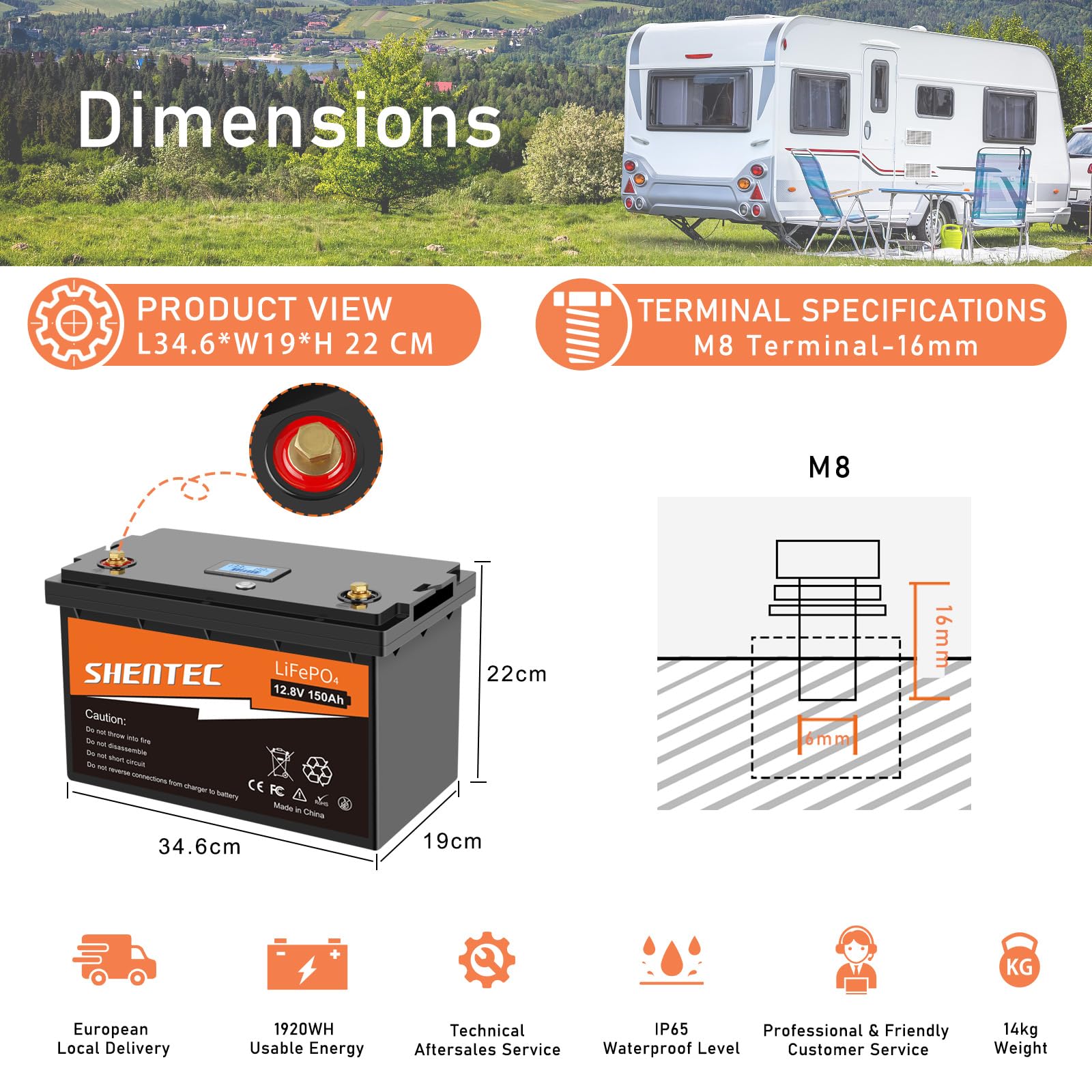 Shentec Lifepo4 150Ah Batteria auto LiFePO4 Batteria al litio a ciclo profondo da 150A BMS integrata, 6000+ cicli, per camper, rimorchio solare, barca e campeggio