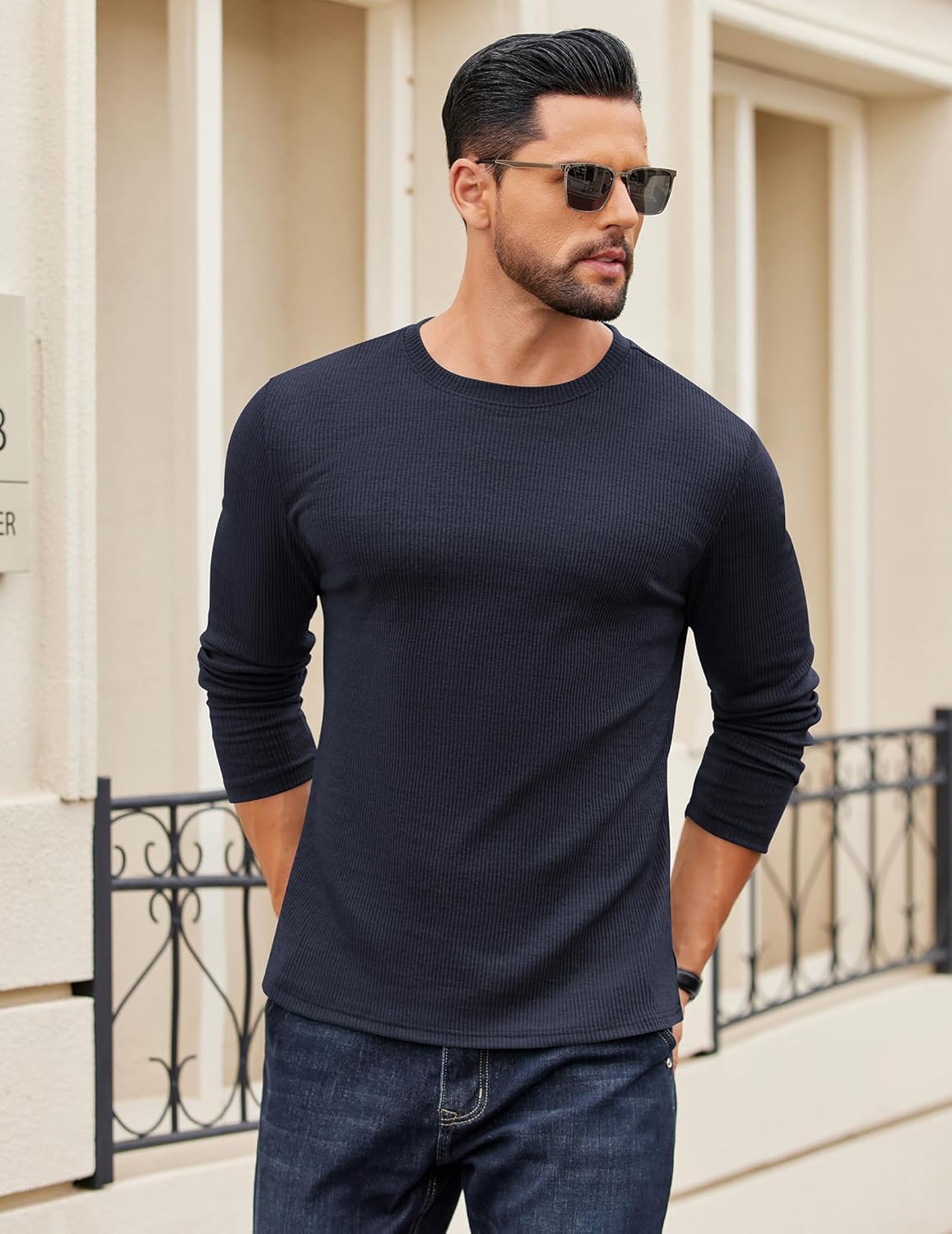 COOFANDY Crewneck Sweaters for Men Slim Fit Long Sleeve Pullover Sweater Ribbed Knitted Lightweight Tops - Image 2