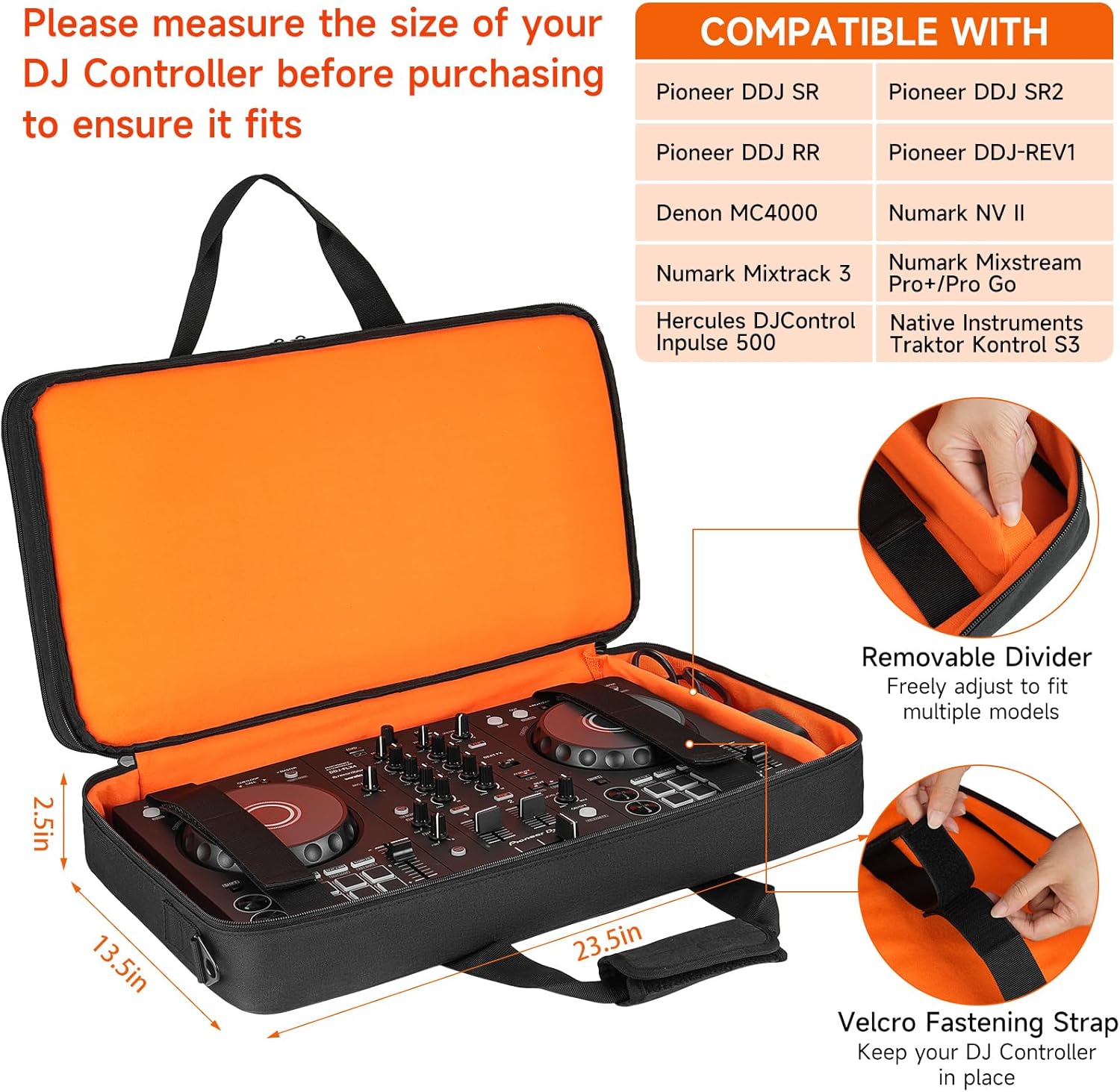 DJ Controller Case Compatible with Pioneer DDJ SR/SR2/RR/DDJ-REV1/Denon MC4000/Numark NV II/Numark Mixtrack 3/Mixstream Pro+/Pro Go/Hercules Inpulse 500/NI Traktor Kontrol S3(23.5 x 13.5 x 2.5 in)