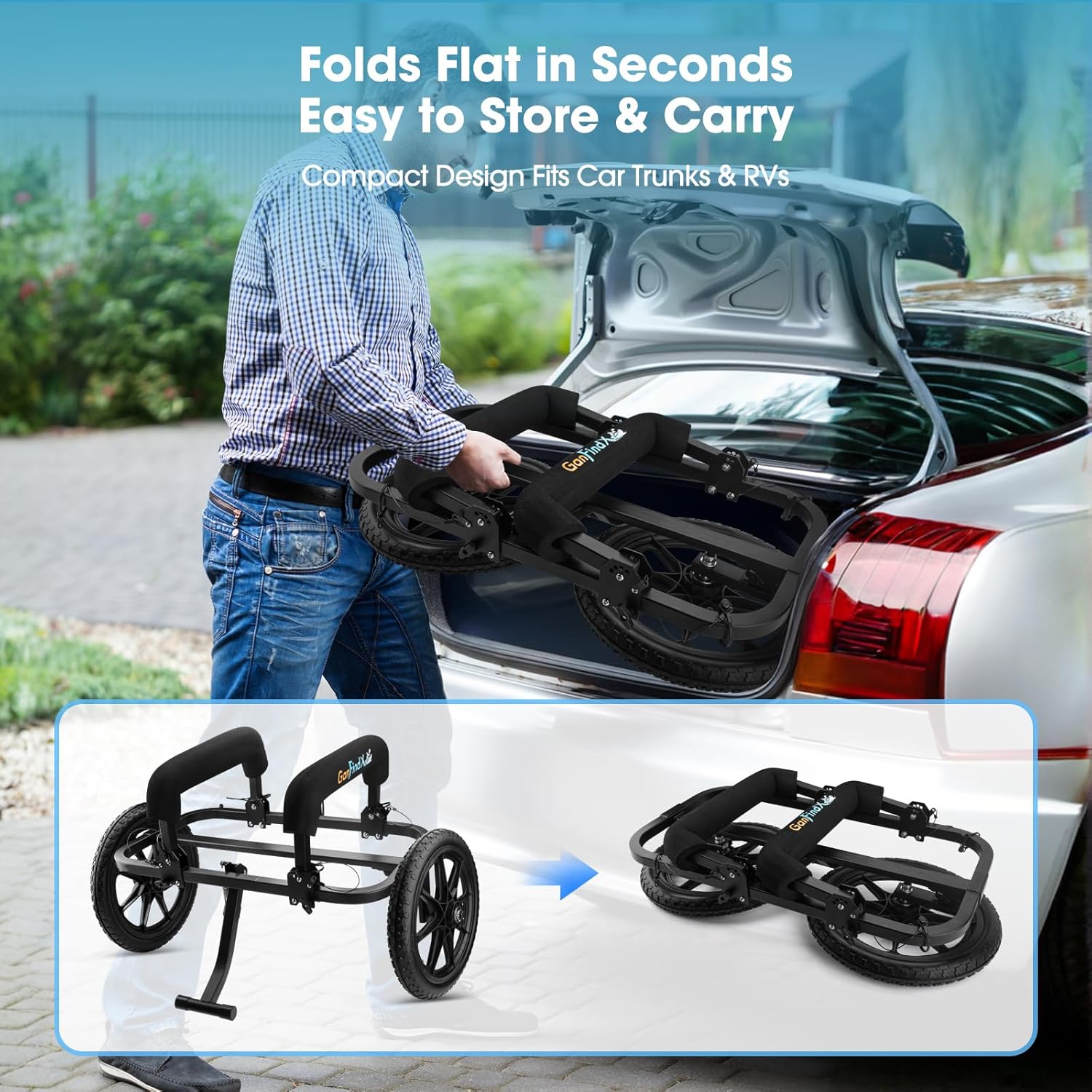 GanFindX Kayak Cart Canoe Trolley Carrier Kayak Accessories Transport Dolly with Solid Foam Wheels Upright Crossbar Heavy Duty Design