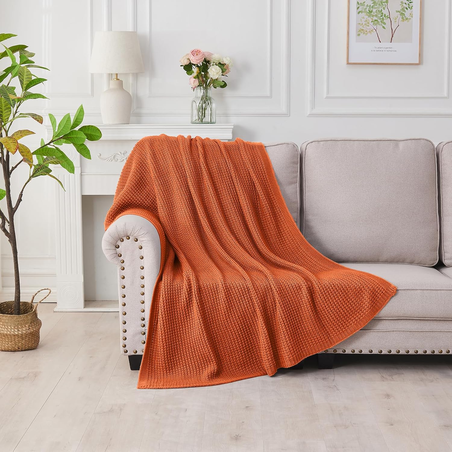 Douceur Rust Orange Throw Blanket for Bed, Soft Chunky Cable Knit Throw Blanket, Classic Fisherman's Rib Stitch Pattern Throw for Living Room,50"X60" - Image 4