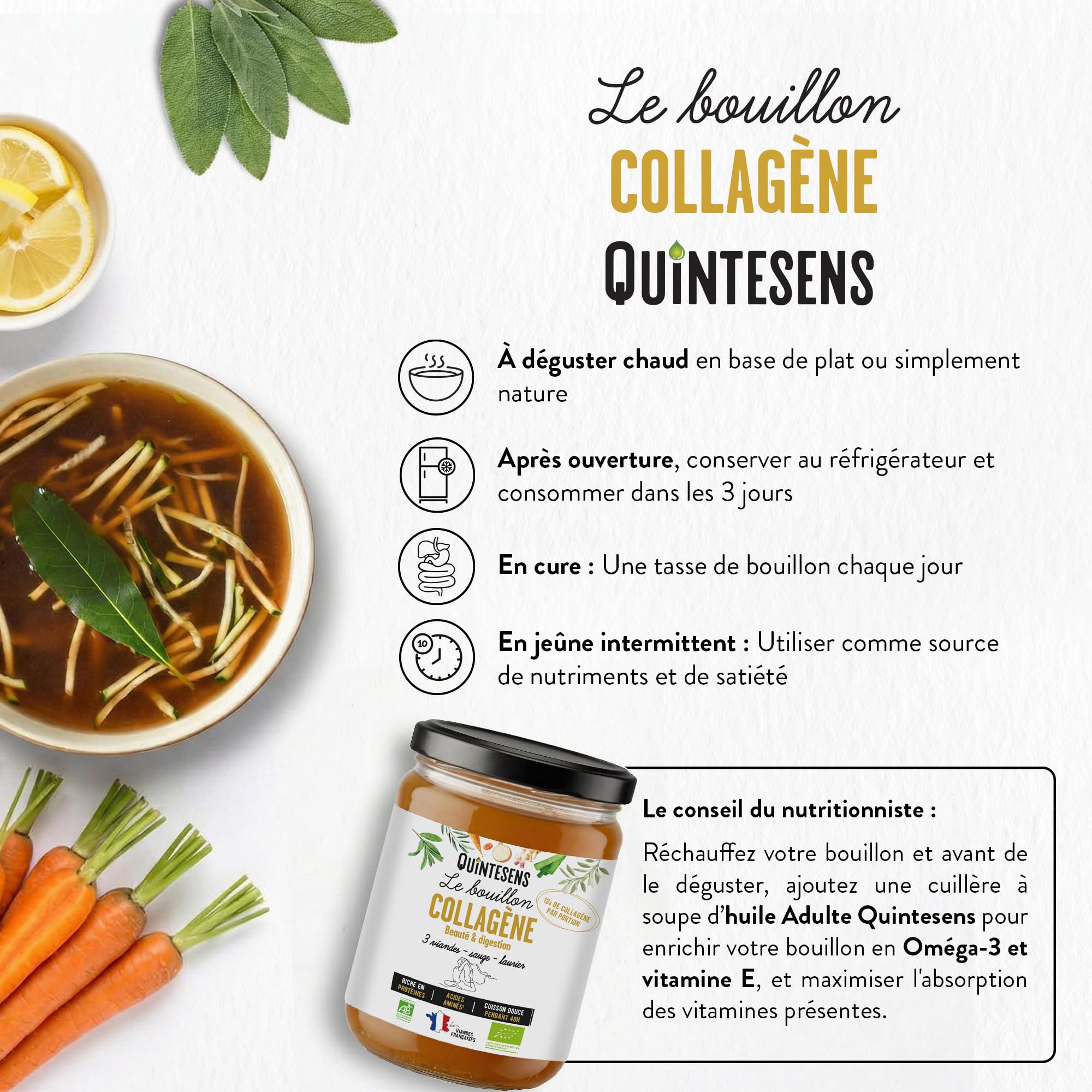 Lot de 6 Bouillons d'Os Collagène QUINTESENS 515 ml – Régénération Peau, Cheveux & Ongles, Récupération Sportive – +15g de Collagène Naturel par Portion – Mijoté 48h - 100% Bio & Naturel