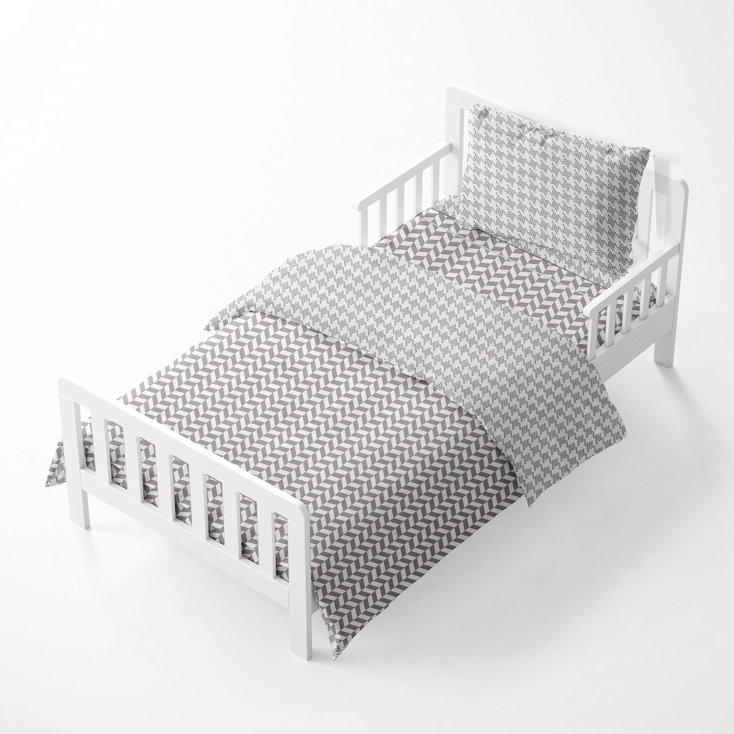 Bacati - Houndstooth/Herringbone 100% Cotton Muslin 4 Piece Neutral Toddler Bedding Set Includes Reversible Comforter, Fitted Sheet, Top Sheet, and Pillow Case (Grey)