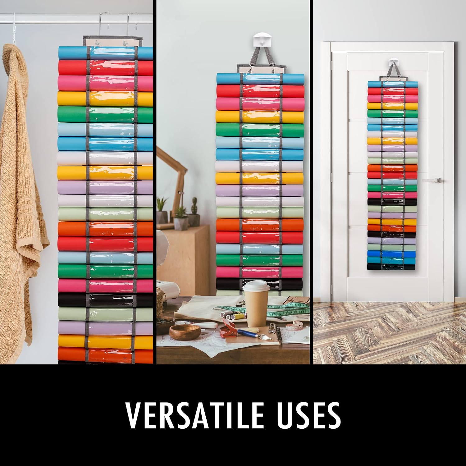 56 Compartments Hanging Vinyl Storage Organizer, Double-sided Vinyl Roll Holder Keeper with 2 Hooks for Door and 1 Lanyard, Vinyl Storage Rack Wall Mount for Craft Room Home