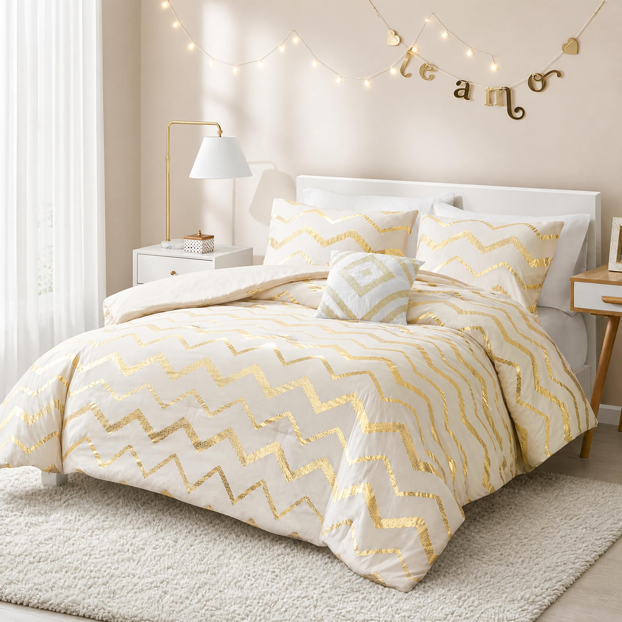Codi Queen Comforter Set for Teen Girls, Silky-Soft Ivory Gold Bedding Set | Super Comfy Plush Microfiber, Shiny Metallic Geometric Pattern, Ideal Room Decor Upgrade, Machine Washable
