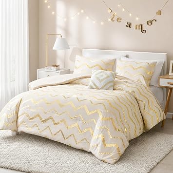 Codi White and Gold Bed Comforter Set, Elegant Queen Size Golden Bedding for Teens and Adults, 4 Pieces - All Seasons Warm