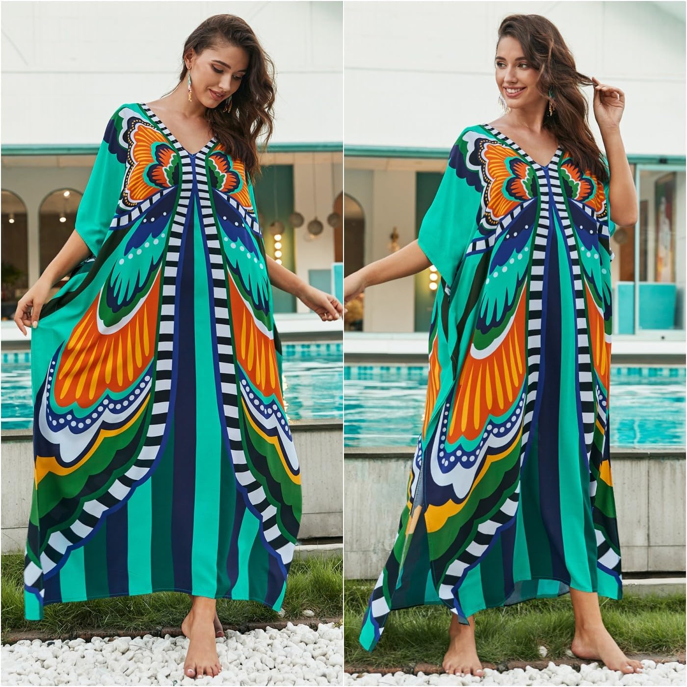 Kaftan Dresses for Women Plus Size Bathing Suit Cover up Batwing Sleeve Caftan Maxi Beach Dress - Image 4