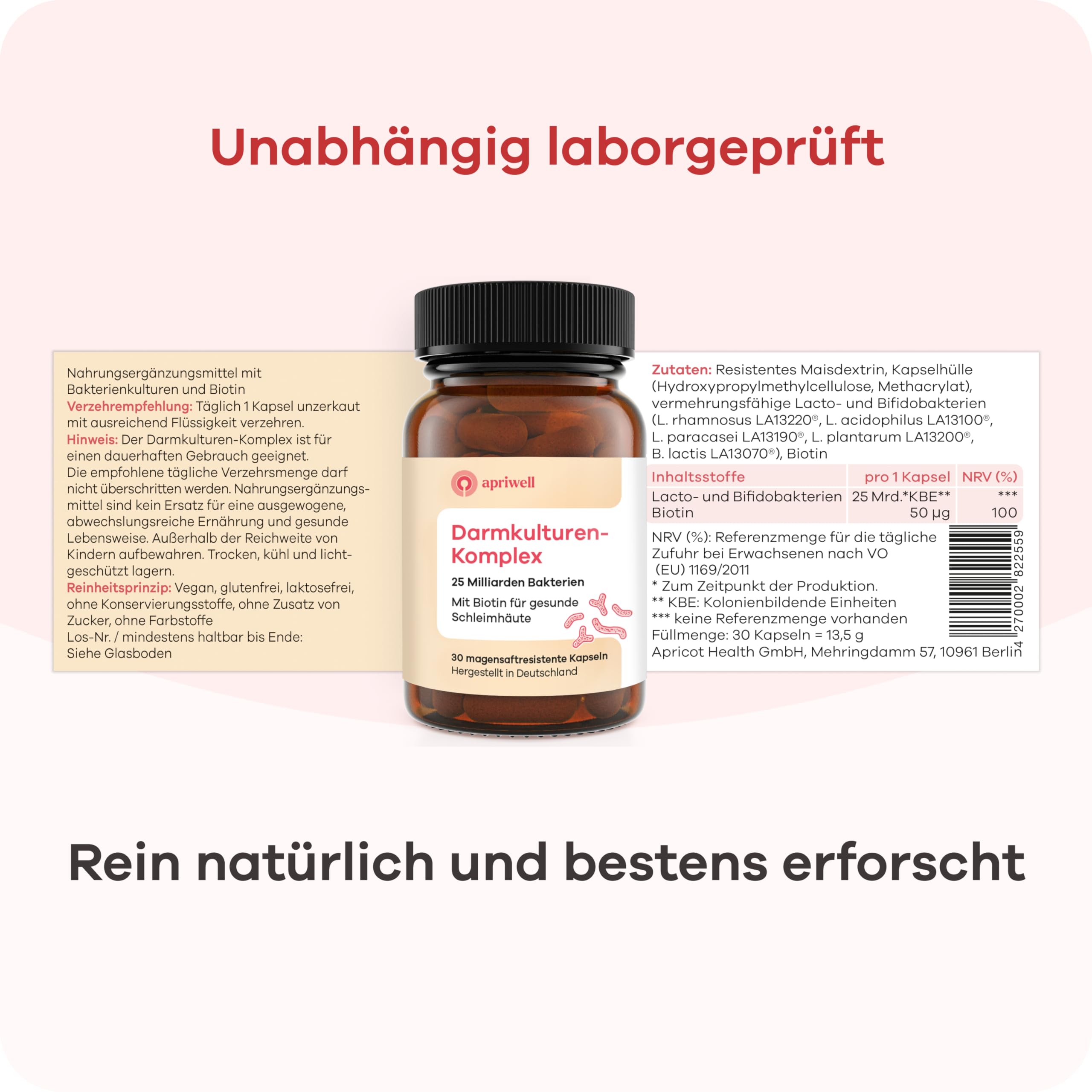 Darmkulturen-Komplex - Ohne Fructose, Histamin, GMO - 25 Mrd. Milchsäure- & Bifidobakterien - Mit Biotin für die Darmschleimhaut (30 magensaftresistente Kapseln)