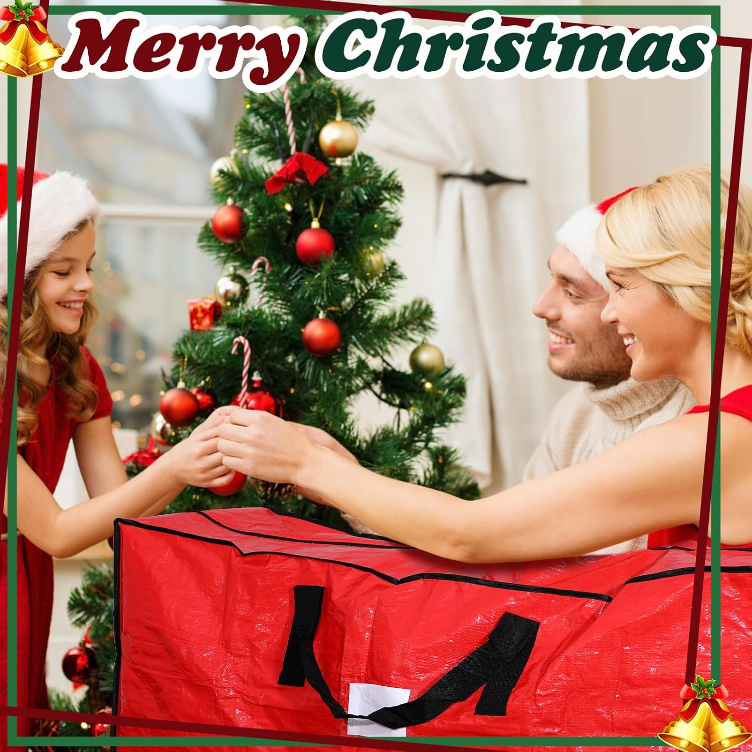 Amylove 4 Pcs Large Christmas Tree Storage Bags Heavy Duty Xmas Zippered Bags Bulk Waterproof Plastic Christmas Tree Container with Carry Handles(9 ft,Red)
