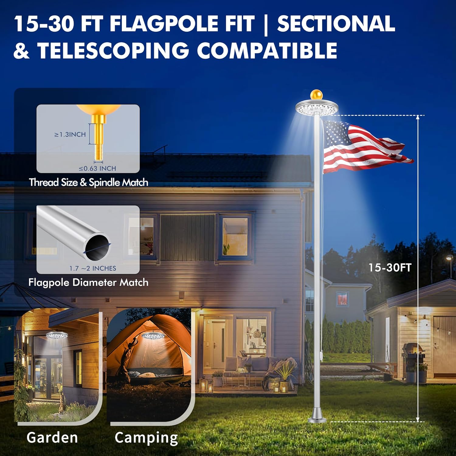 PPQ Flag Pole Light Solar Powered, 29 LED Extra Bright Silver Flagpole Light for 15-30 Ft Poles, Waterproof Lighting on Outdoor Pole Top, Long Hour Dusk to Dawn Auto On/Off - Image 6