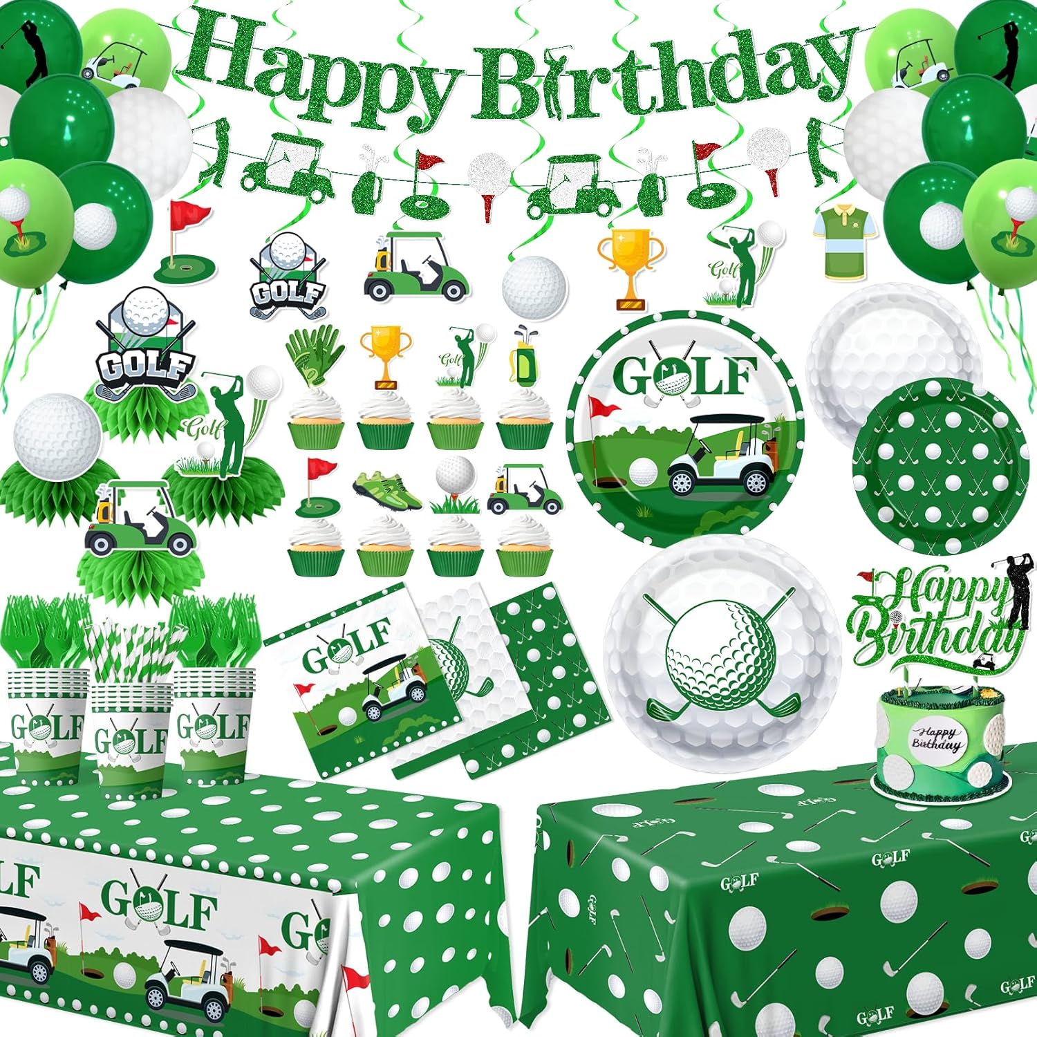 Golf Birthday Decorations,188pcs Golf Party Decorations Include Golf Plates and Napkins,Tablecloth,Cup, Banner,Balloon,Cake Topper, Sports Themed Golf Birthday Party Decorations,Serve 24