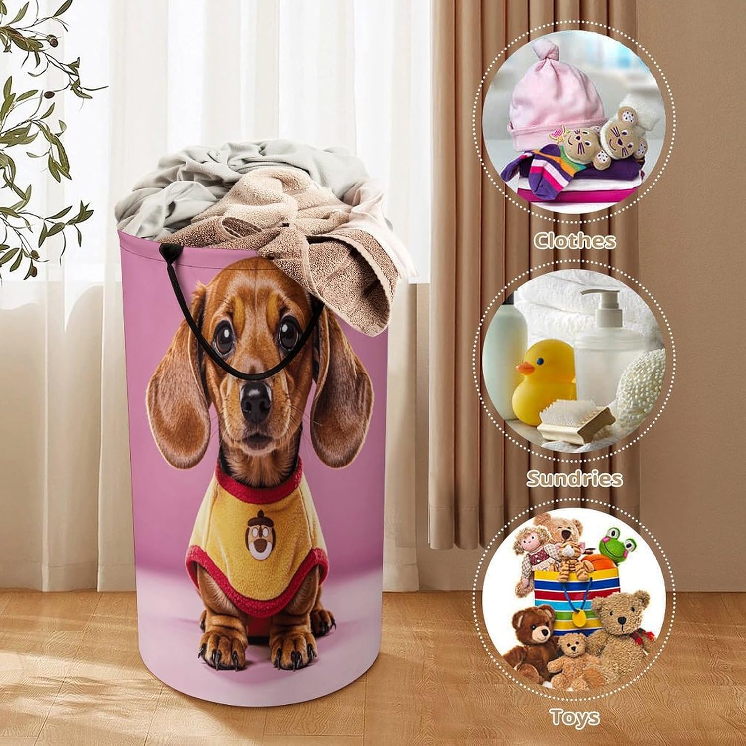 Cute Dachshund Duggee Large Laundry Basket Waterproof Collapsible Laundry Hamper Clothes Storage Basket Toys Bin for Bathroom Bedroom Home Decor