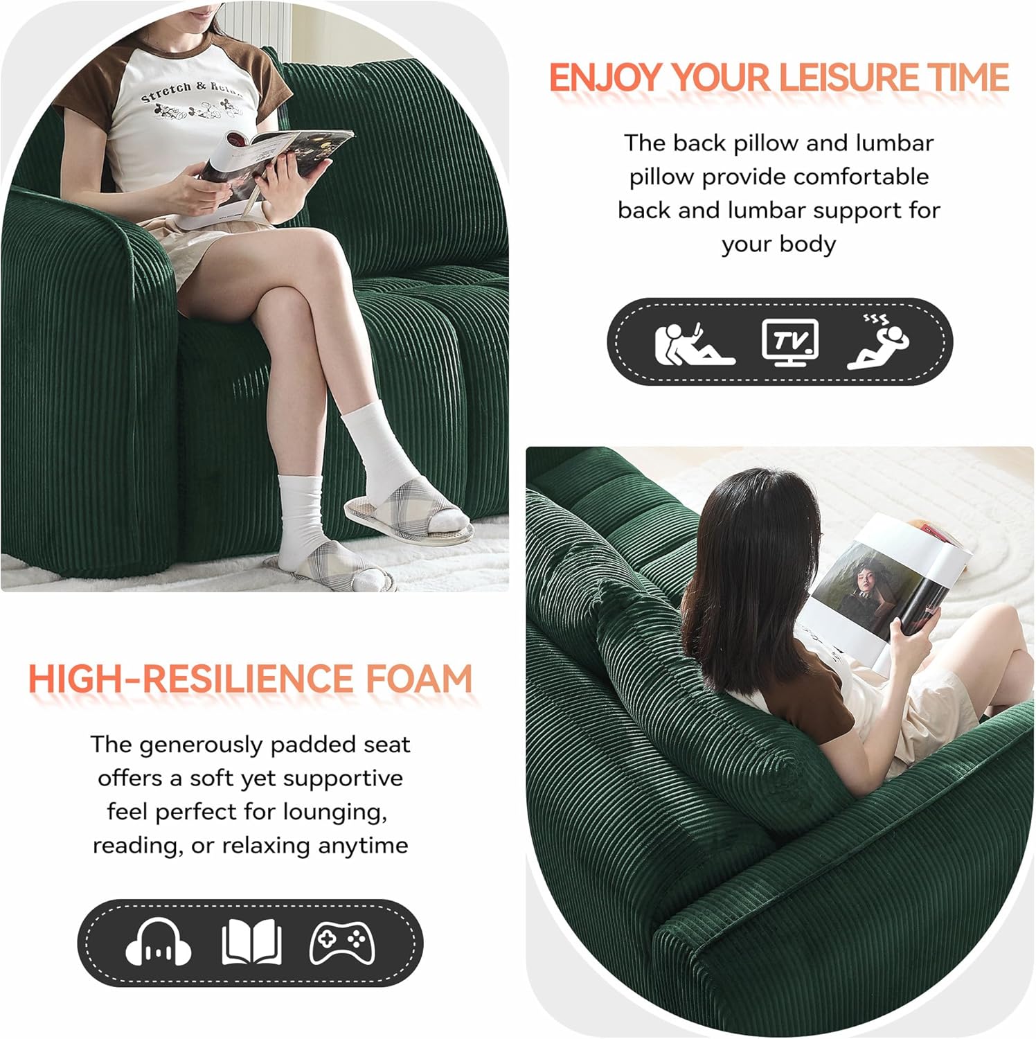 66'' Boneless Corduroy Loveseat Sofa, 2 Seater Tufted Deep Seat Couch with Rounded Armrest, Upholstered Cloud Couch for Living Room, Bedroom, No Assembly, Green