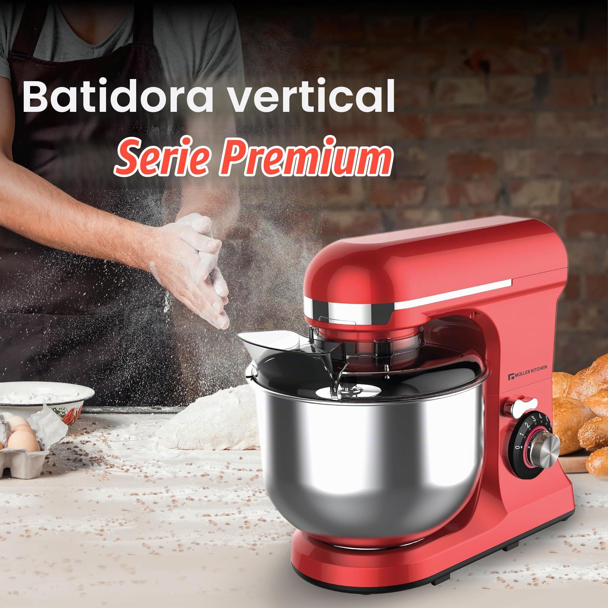 Müller Kitchen MK-6039 Robot de cocina 7L (incluye batidor, gancho para amasar y gancho para agitar, cubierta para el polvo)