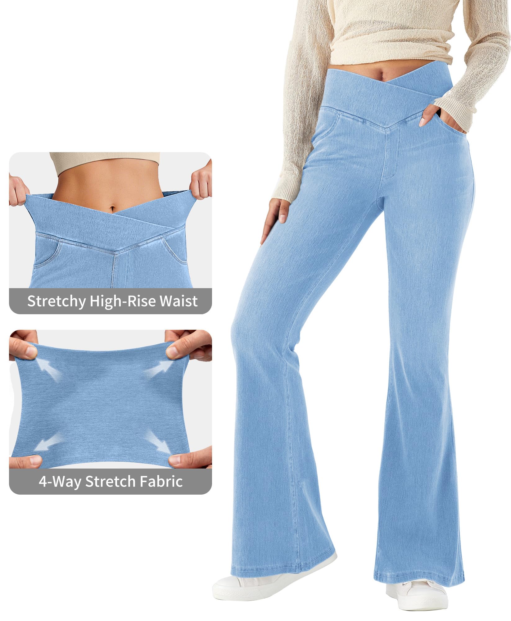 LaiEr Donna Bootcut Jeans V Crossover Vita Alta Pull on Casual con Controllo Pancia Skinny Yoga Pants,Denim ad Alta Elasticità in Tessuto Morbido,Pantaloni Fitness a Campana