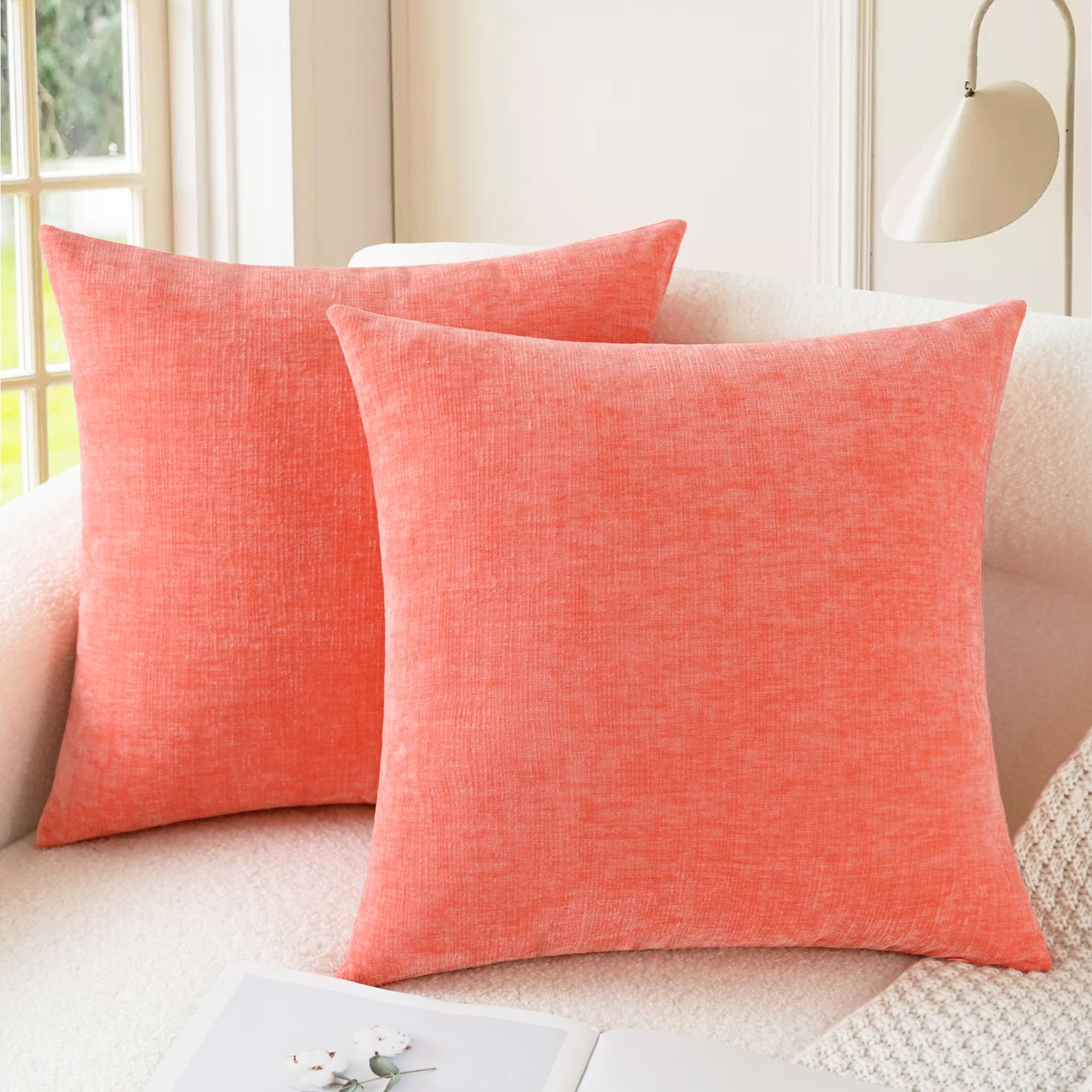 CaliTime Pack of 2 Cozy Throw Pillow Covers Cases for Couch Sofa Home Decoration Solid Dyed Soft Chenille 20 X 20 Inches Living Coral