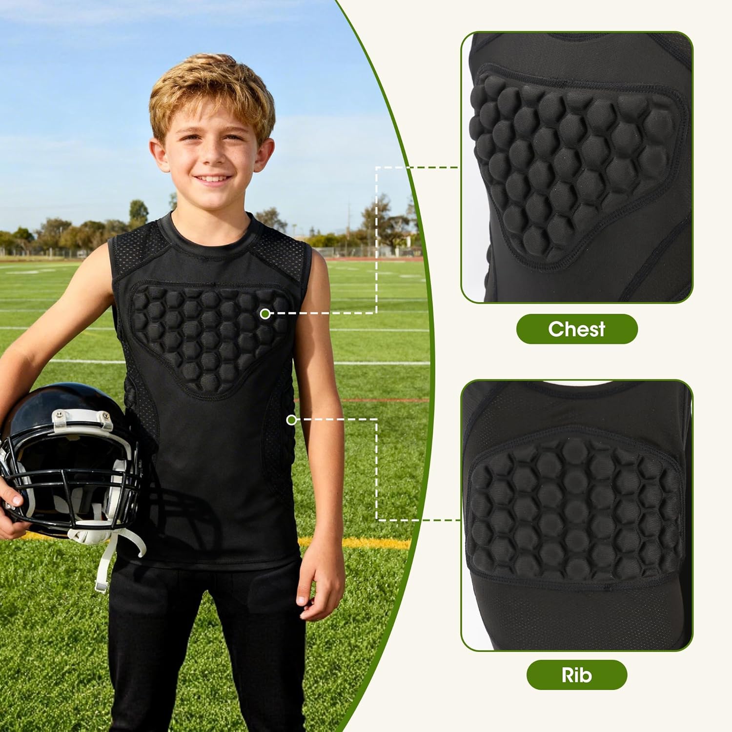 Youth Baseball Chest Protector, Heart Sternum Rib Guard Padded Compression Shirt with 3 PCS EVA Pads for Softball Football Baseball Lacrosse