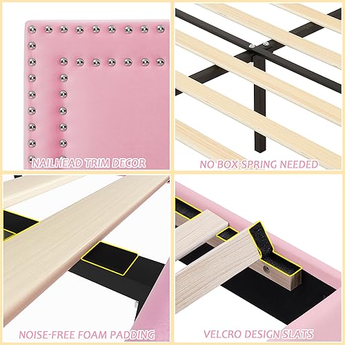 Miniatura 203 de VECELO Base de cama de tamaño matrimonial con cabecera tapizada ajustable, plataforma de listones de madera, diseño sin ruido, fácil montaje Negro