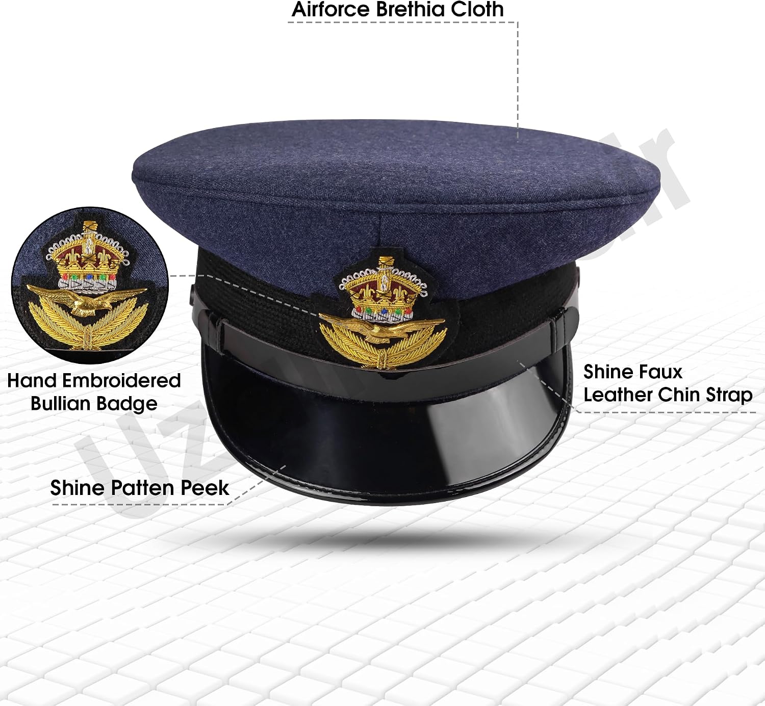 British Royal Airforce Officer Peek Cap, King Crown Hand Embroidered Bullion Badge, Faux Shine Leather Peek