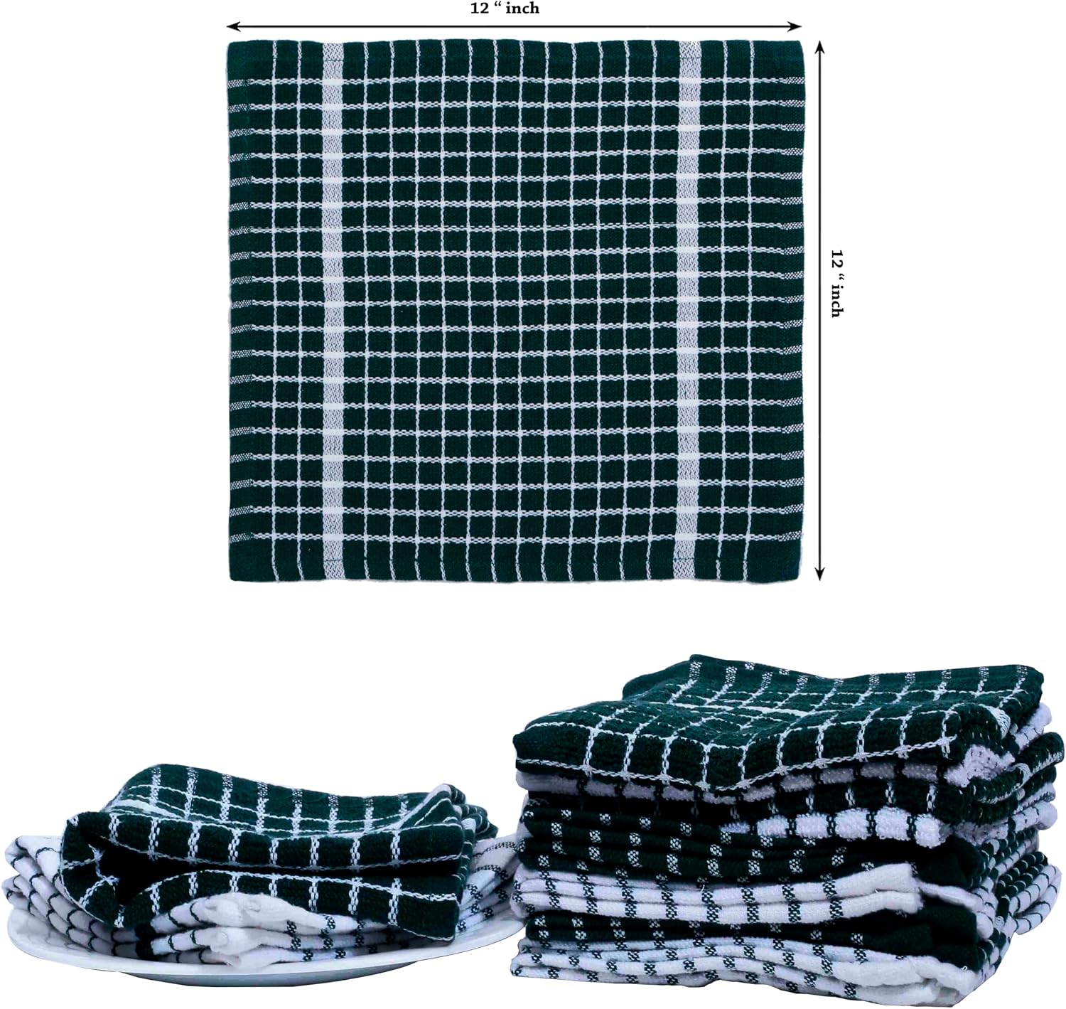 SYDR Terry Kitchen Grid Dish Cloths,100% Cotton(8 Pack) 12 x 12 Inches Super Soft and Absorbent Dish Rags, Quick Drying Dish Rags for Washing Dishes, Green