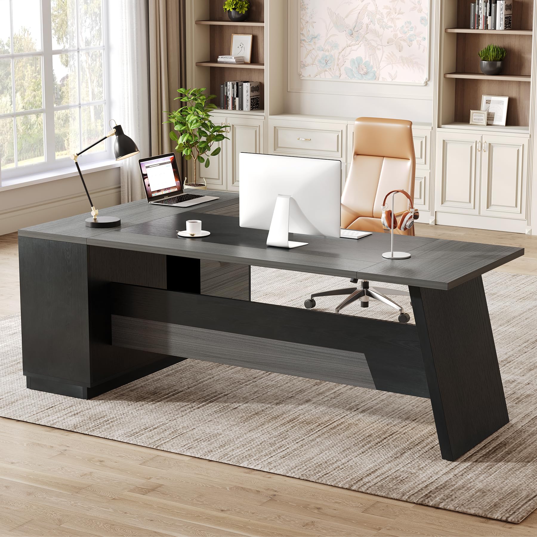 LITTLE TREE 78-Inch Executive Office Desk with File Cabinet, Large Modern Corner Office Desk for Home Office, 3-Drawer Wood File Cabinet, Spacious