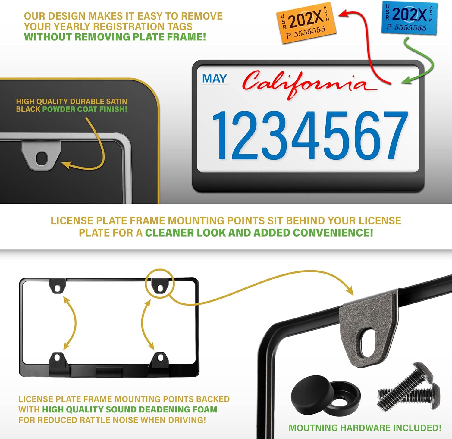 USR 07-25 JK and JL HOOD LATCHES Metal Constructed Lock Catch – HeavyDuty Hoodlatch Set (2pc) + Stealth Black Powder Coat UV Resistant Rust-Proof Steel License Plate Frame