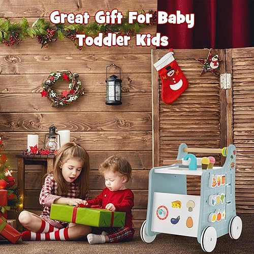 Miniatura 8 de INFANS Andador de empuje para bebé 6 en 1, juego de cocina de madera, caminante de actividades de aprendizaje para niños pequeños con clasificador