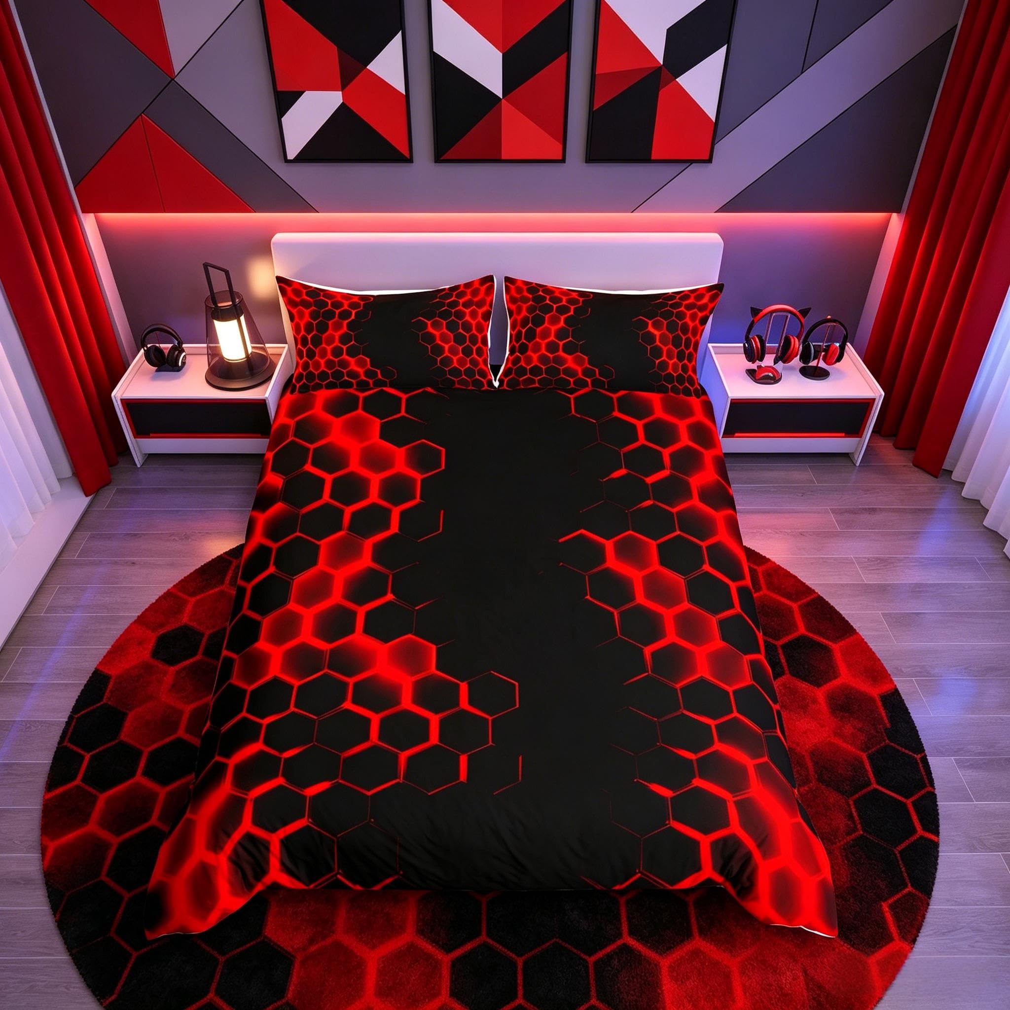Homemissing Red and Black Honeycomb Bedding Set Geometric Honeycomb Comforter Cover for Kids toddler Beehive Hexagon Bedding Double Size Honeycomb Bedspread Cover