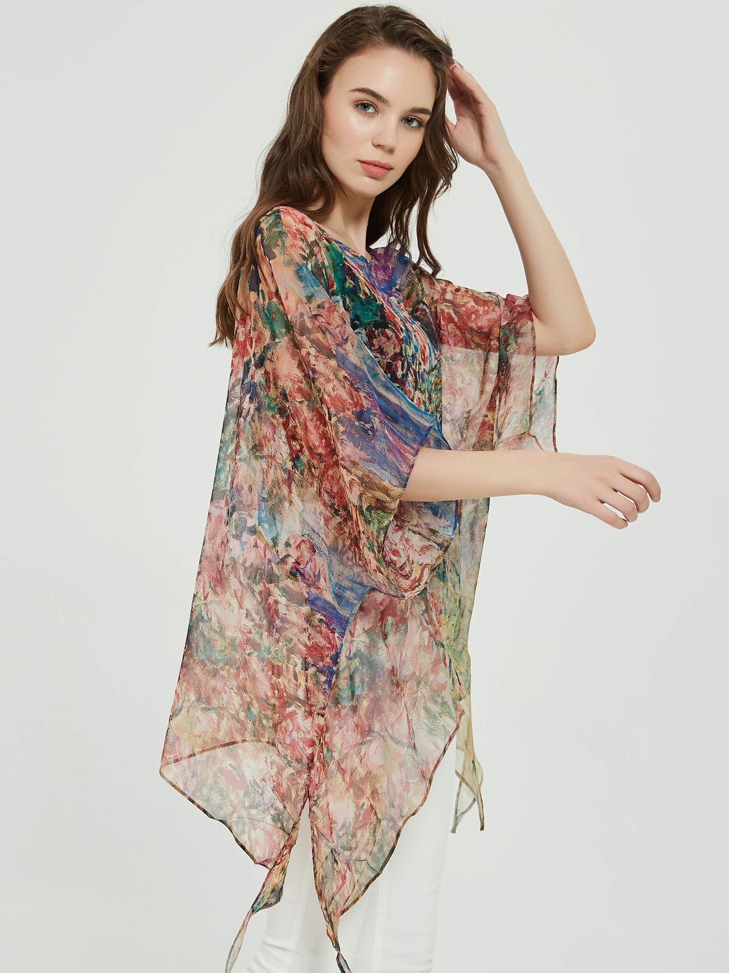 Donna Estivo Seta Chiffon Poncho Tunica Kimono Camicetta Vestito dalla Spiaggia di Estate One Size