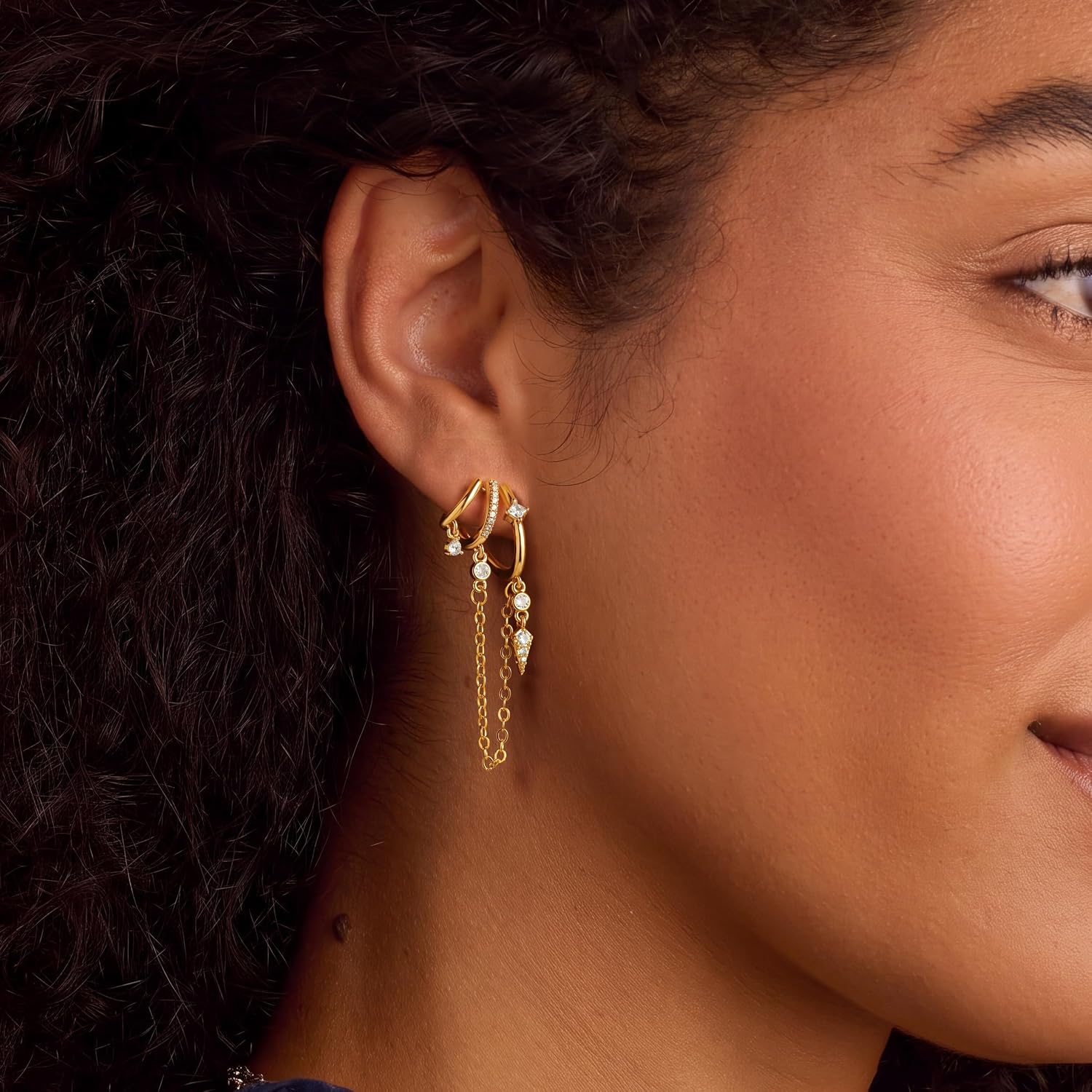 Triple Huggie Stacked Earrings for Women Gold Chain Drop Dangle Earrings Cute Statement CZ Earrings Trendy Dainty Jewelry Gift image 3