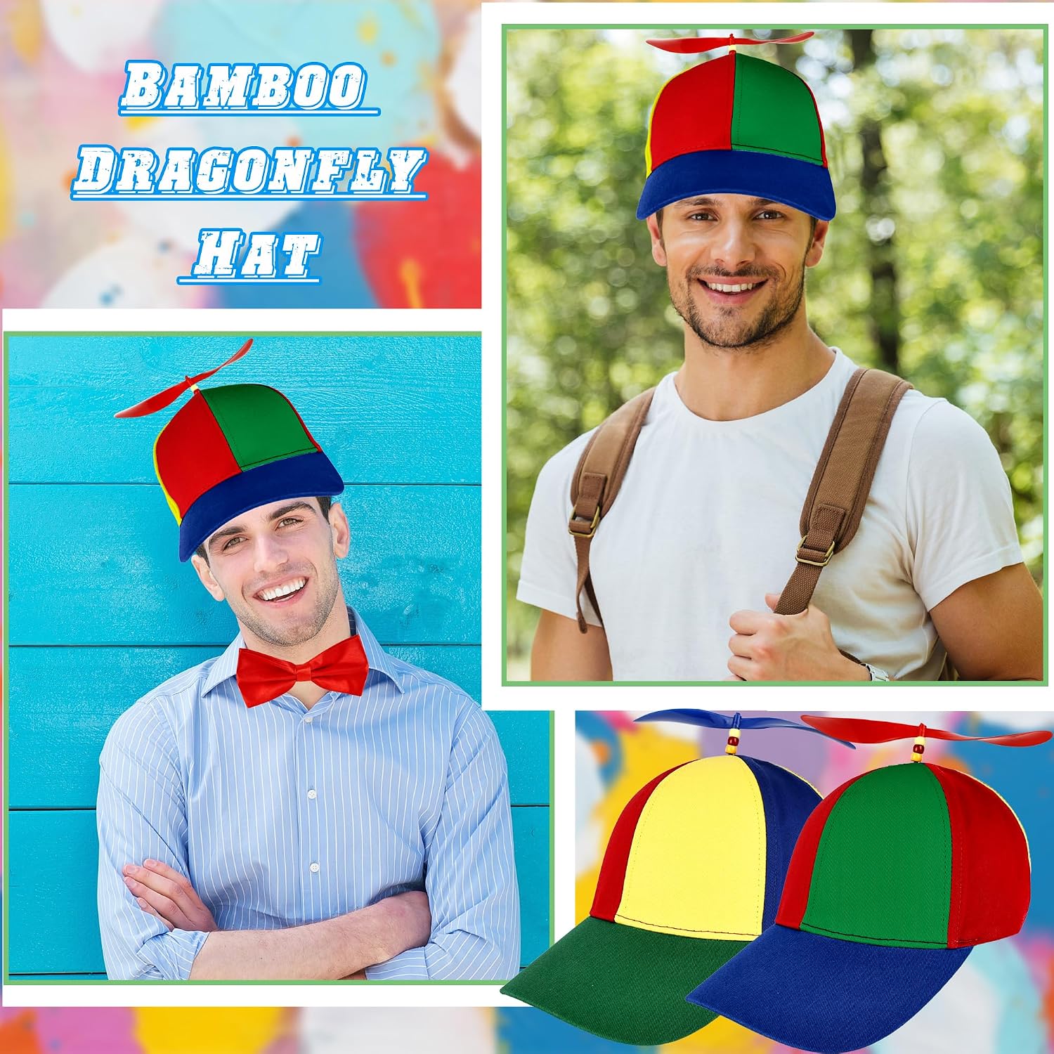 2 Set Propeller Hat Cute Helicopter Hats Rainbow Baseball Cap Pinwheel Hat with Adjustable Bow Tie for Adults Costumes Accessories