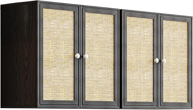 Laundry Room Cabinets with Lights, 24INCH Bathroom Cabinets Wall Mounted with Adjustable Shelves, Rattan Wall Cabinet for Bedroom, Kitchen, Bathroom 2PCS, Black