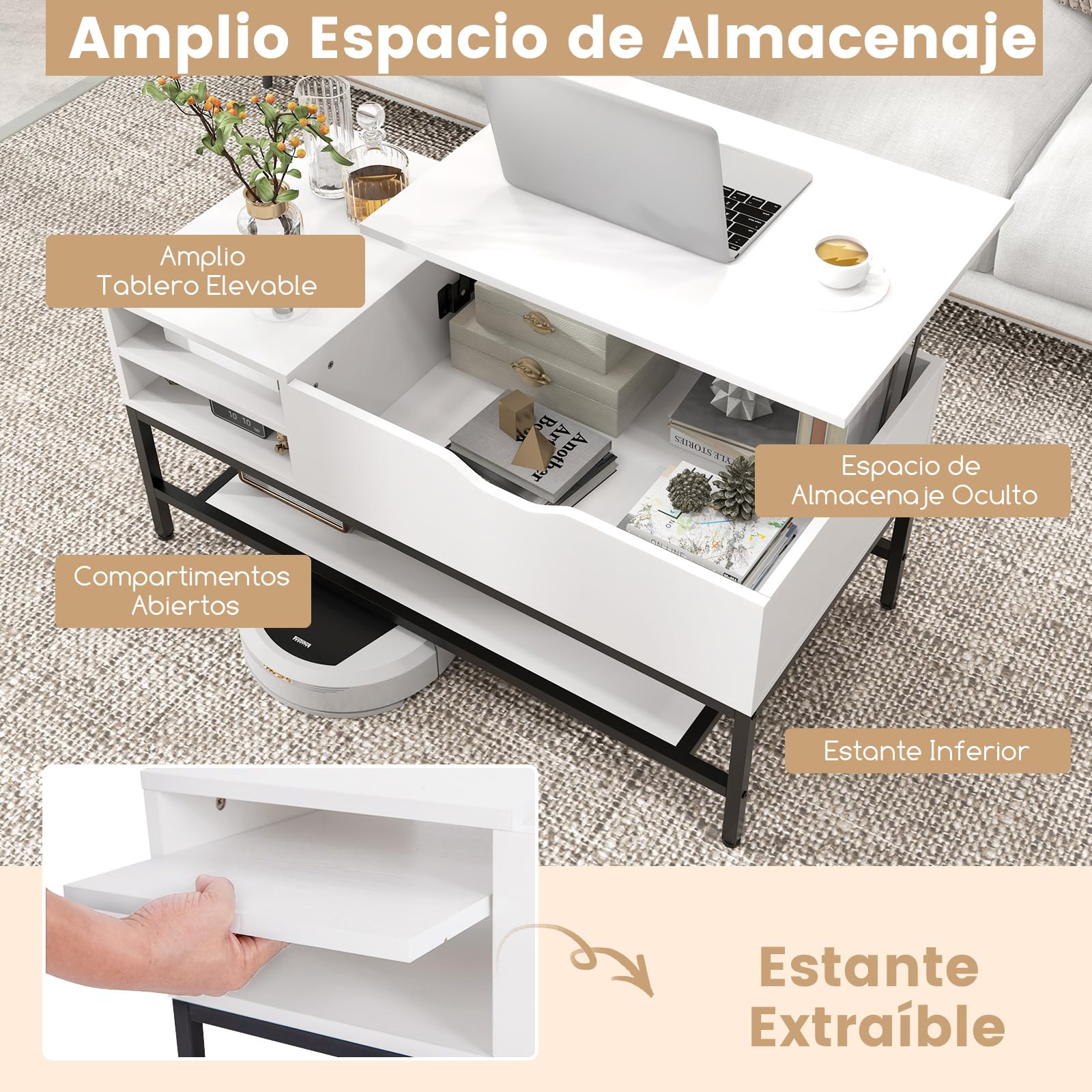 GOPLUS Mesa de Centro Elevable Con Compartimento Oculto y Estante de Almacenamiento Abierto, Moderna Rectangular para Salón Oficina, 100 x 49,5 x 47,5 cm (Blanco)