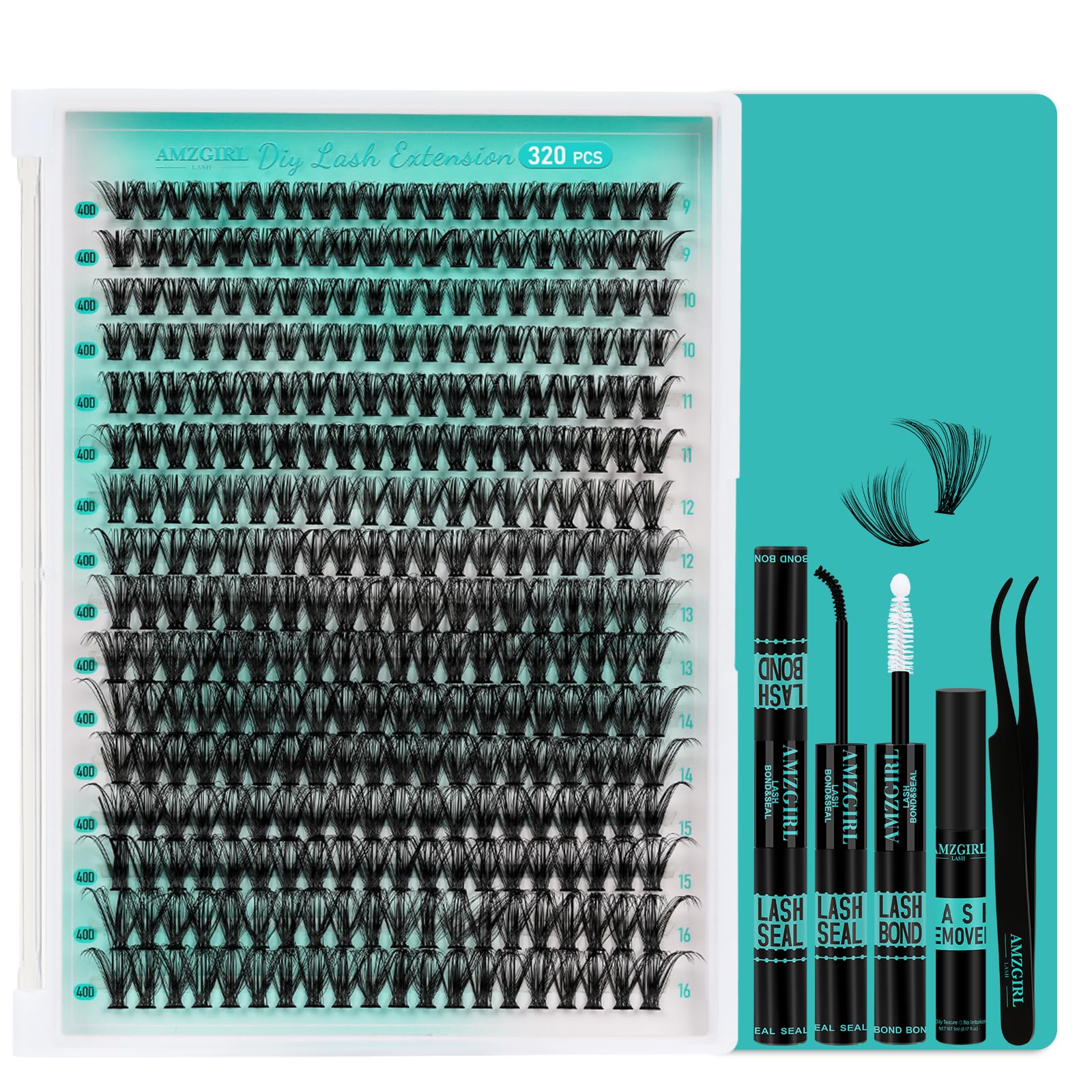 Lash Clusters Kit 320Pcs,40D Eyelash Extension Kit,Lash Bond and Seal Waterproof,Lash Remover for Individual Cluster Lashes Kit,Lash Applicator Tool for DIY Lash Extension Kit(D-Mix9-16mm Kit)