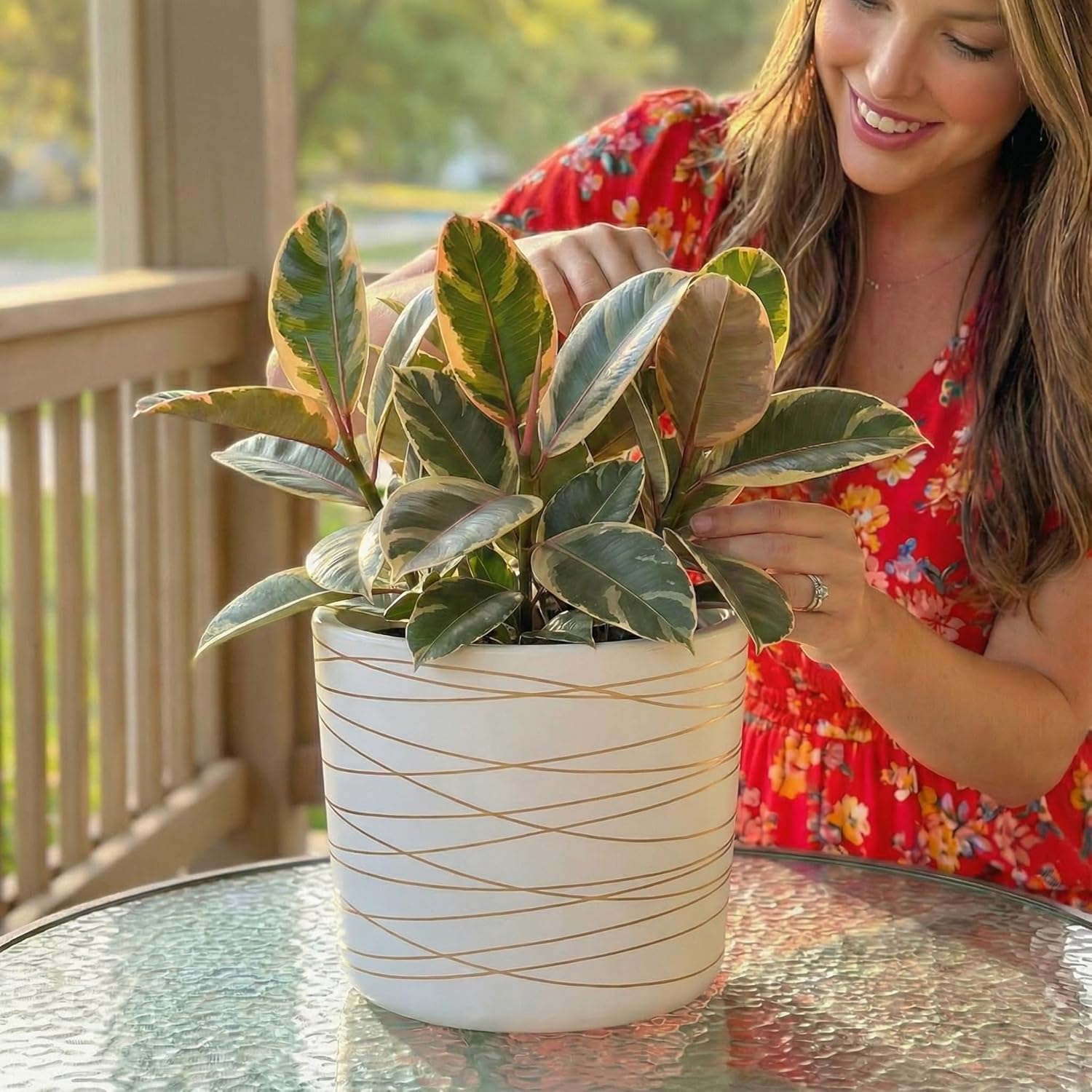 Willowy 9 Inch Ceramic Plant Pot - Matte White with Gold Stripes - Drainage Plug Included