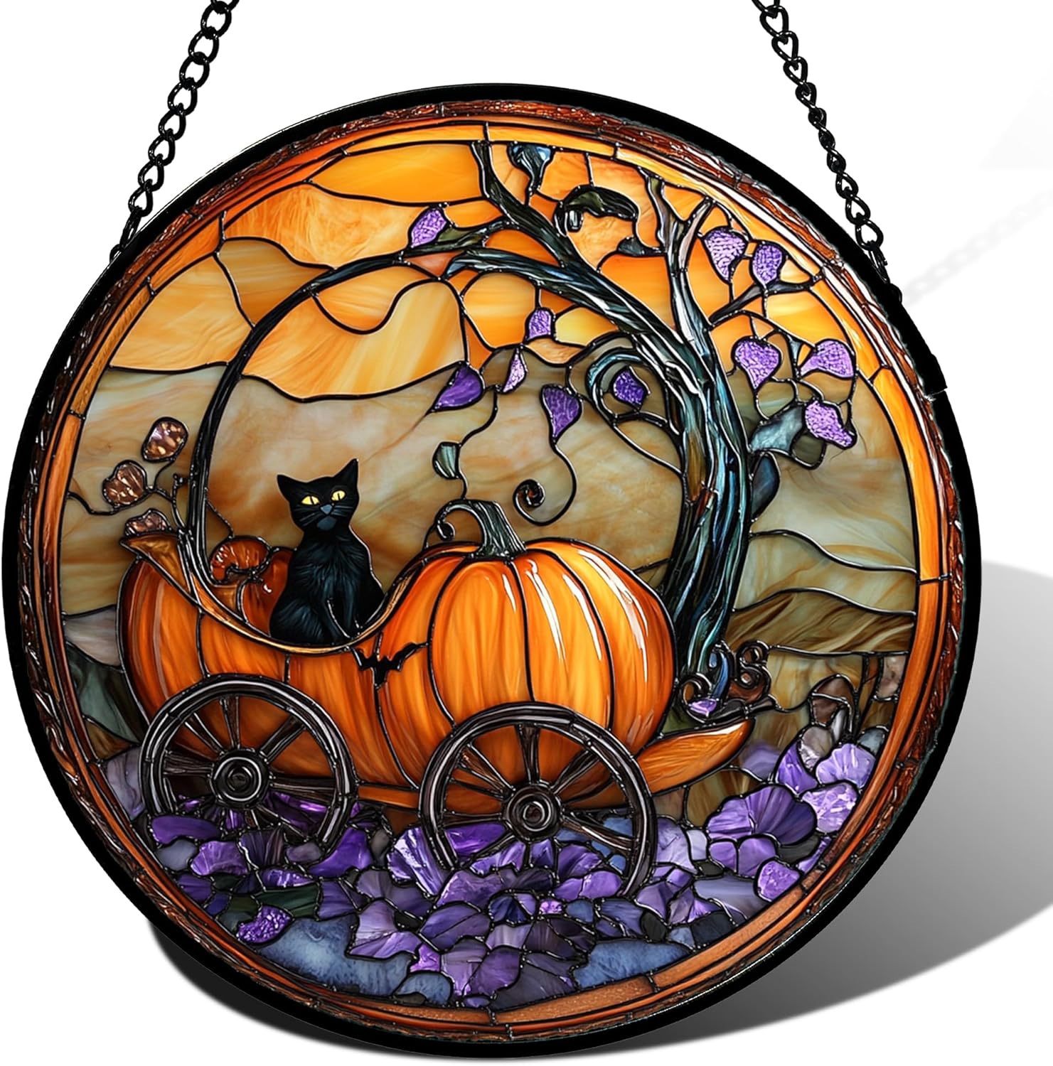 Stained Glass Window Hanging - Halloween Decorations Pumpkin Ghost Suncatcher for Doors Garden Indoor Spooky Funny Orange Sun Catchers Gothic Decor Horror Gifts for Women Men Friend 9.8 in