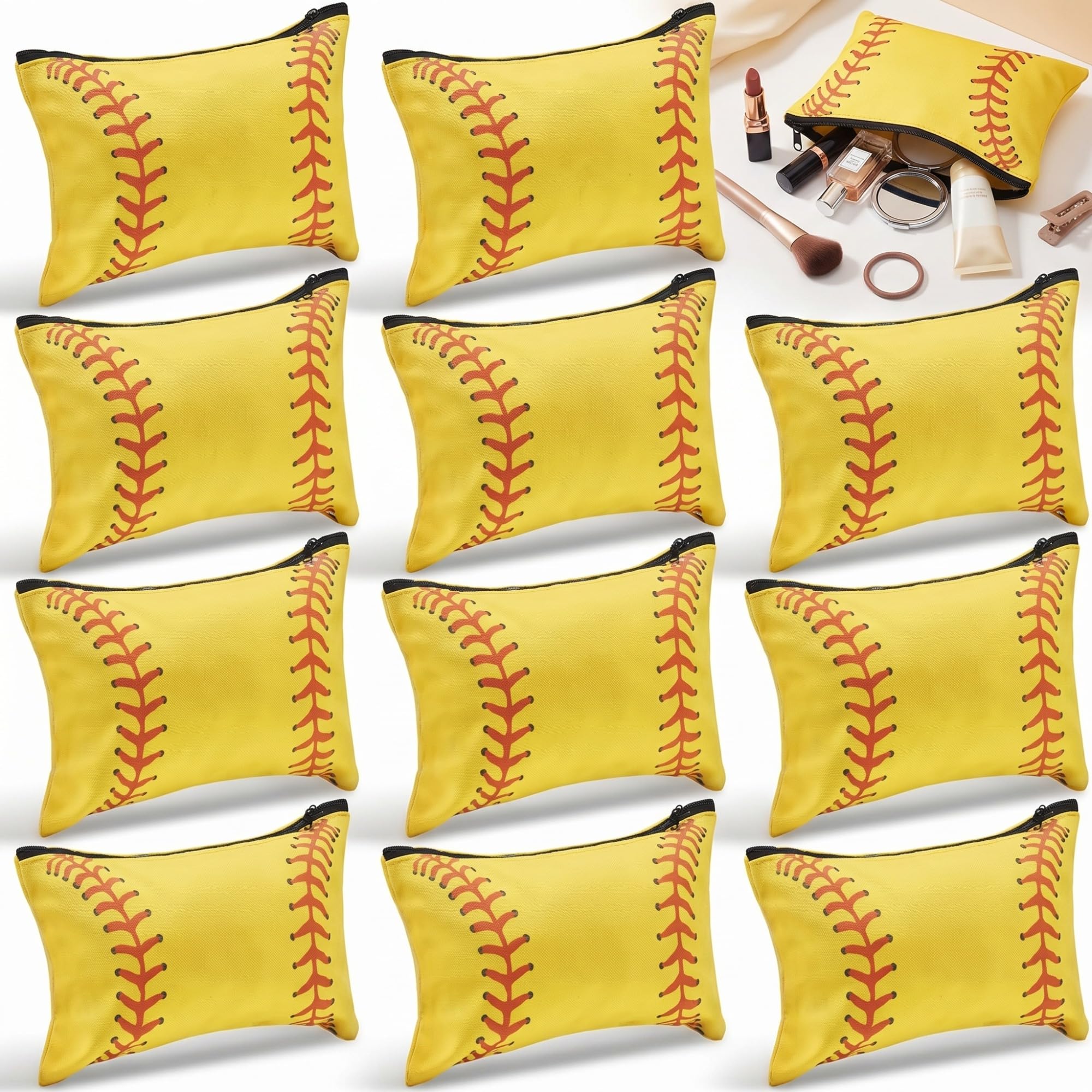 Frienda 12 Pcs Softball Makeup Bag Sport Cosmetic Bags Canvas Softball Pouch Bags Portable Makeup Pouch Bag Travel Makeup Organizer for Women Men Team