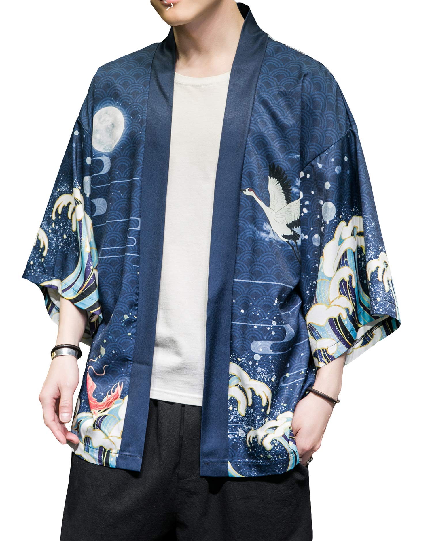 PRIJOUHE Men's Japanese Kimono Robe Jacket 3/4 Sleeve Open Front Yukata