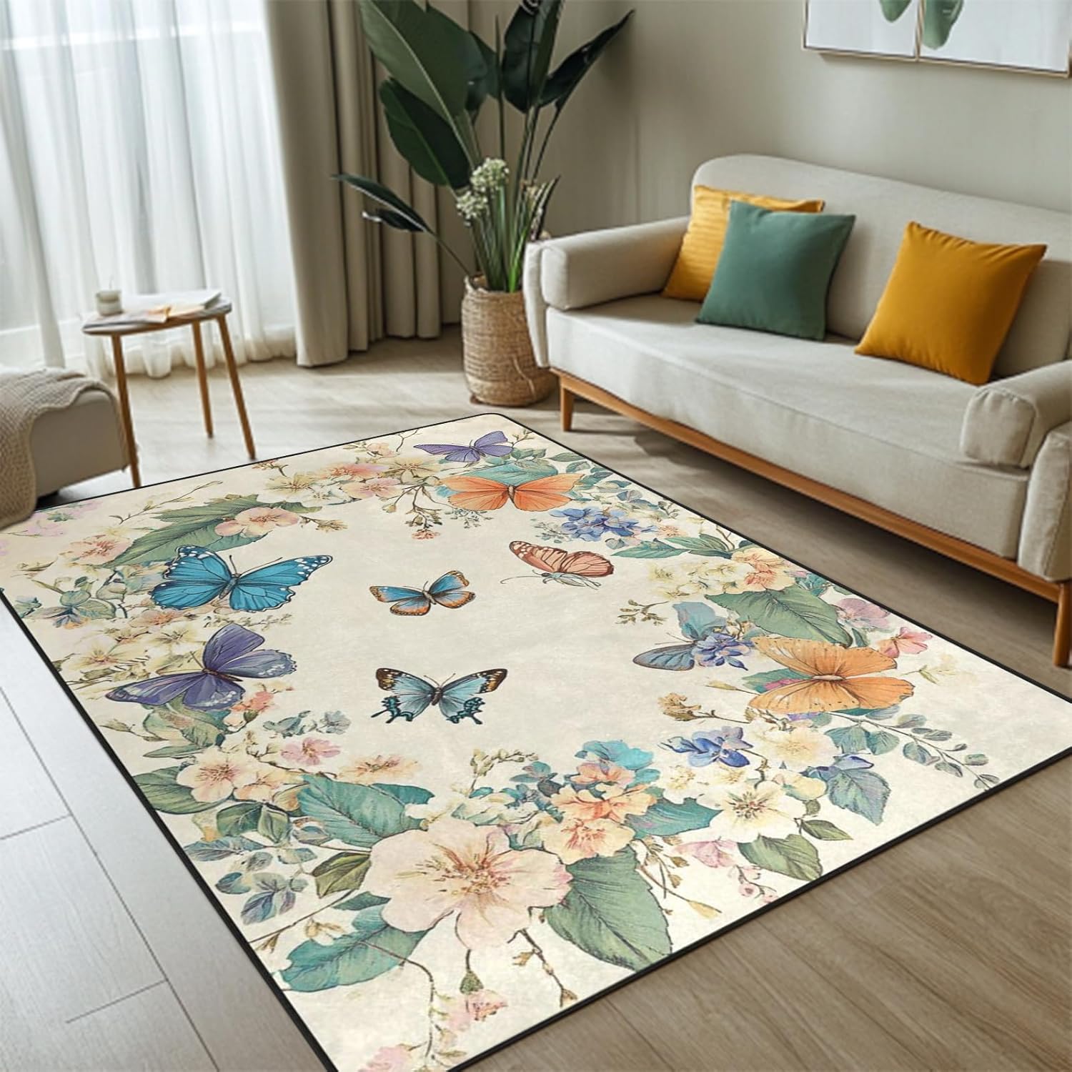 keepcute Butterfly Area Rug 5x7 ft Non-Slip Insect Floral Pattern Carpets Floor Carpet Printed Rug Decor for Living Room Bedroom Living Room Study Carpet