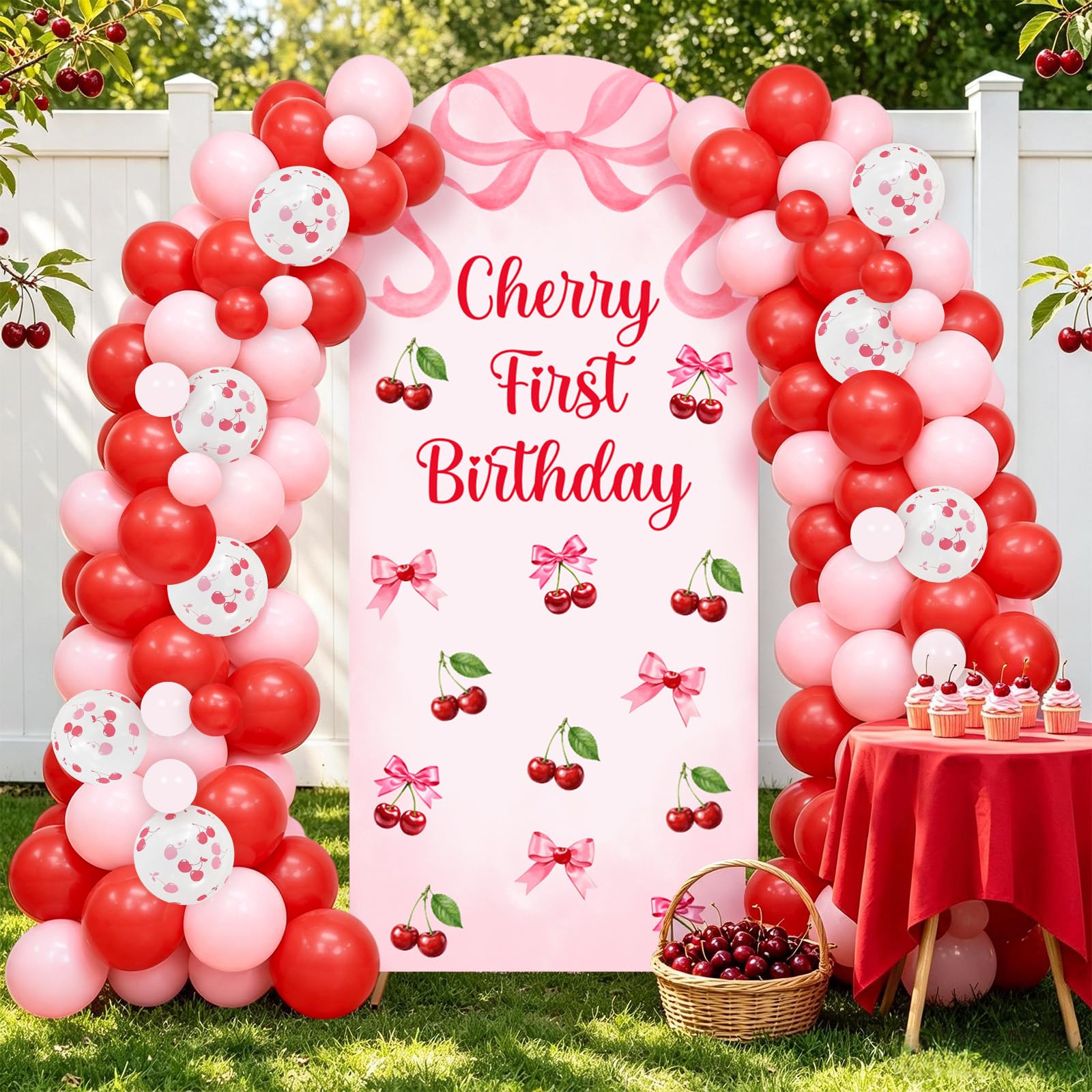 Jollyboom Cherry First Birthday - Kit di copertura per sfondo ad arco con