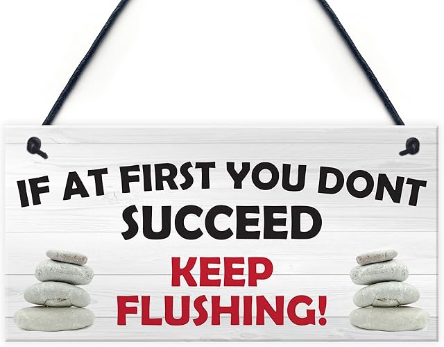 RED OCEAN If At First You Don't Succeed Keep Flushing! Novelty Hanging Bathroom Sign Funny Toilet Wall Art Decor Plaque