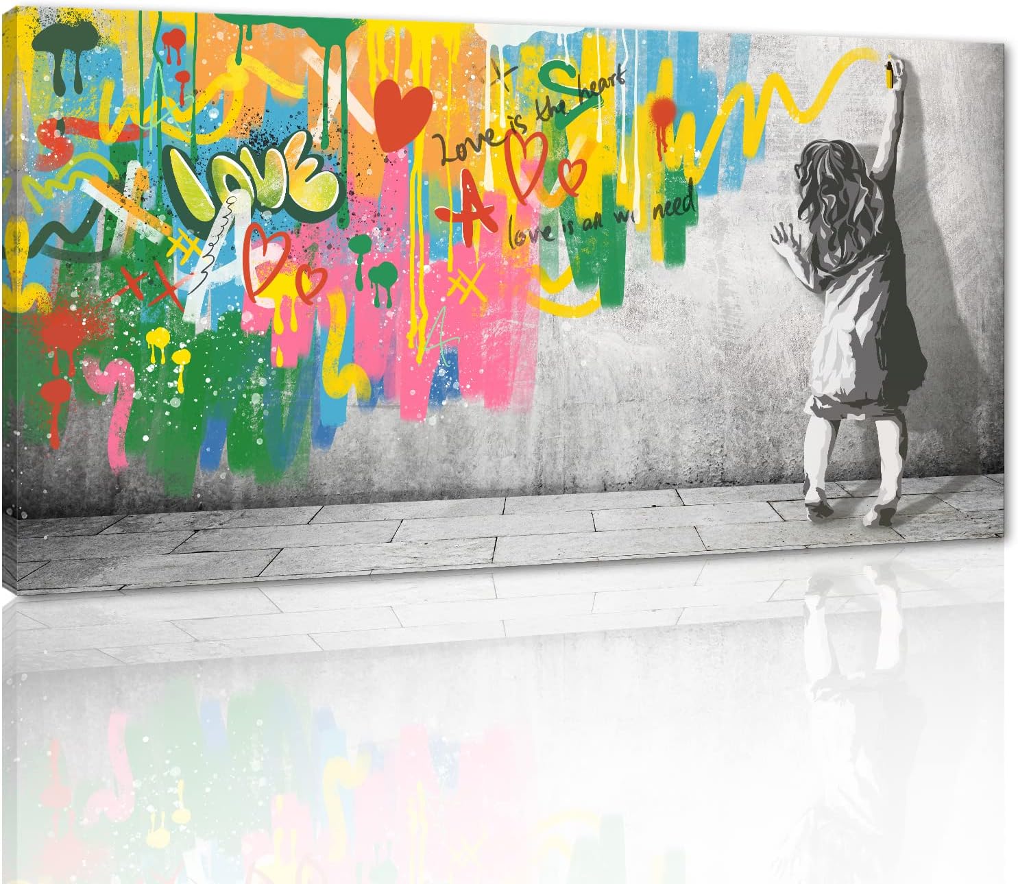 Banksy Graffiti Canvas Wall Art Modern Painting Inspirational Never Give Up Boy Behind The Curtain Prints for Living Room Home Office Decor, Framed 32" x 16"