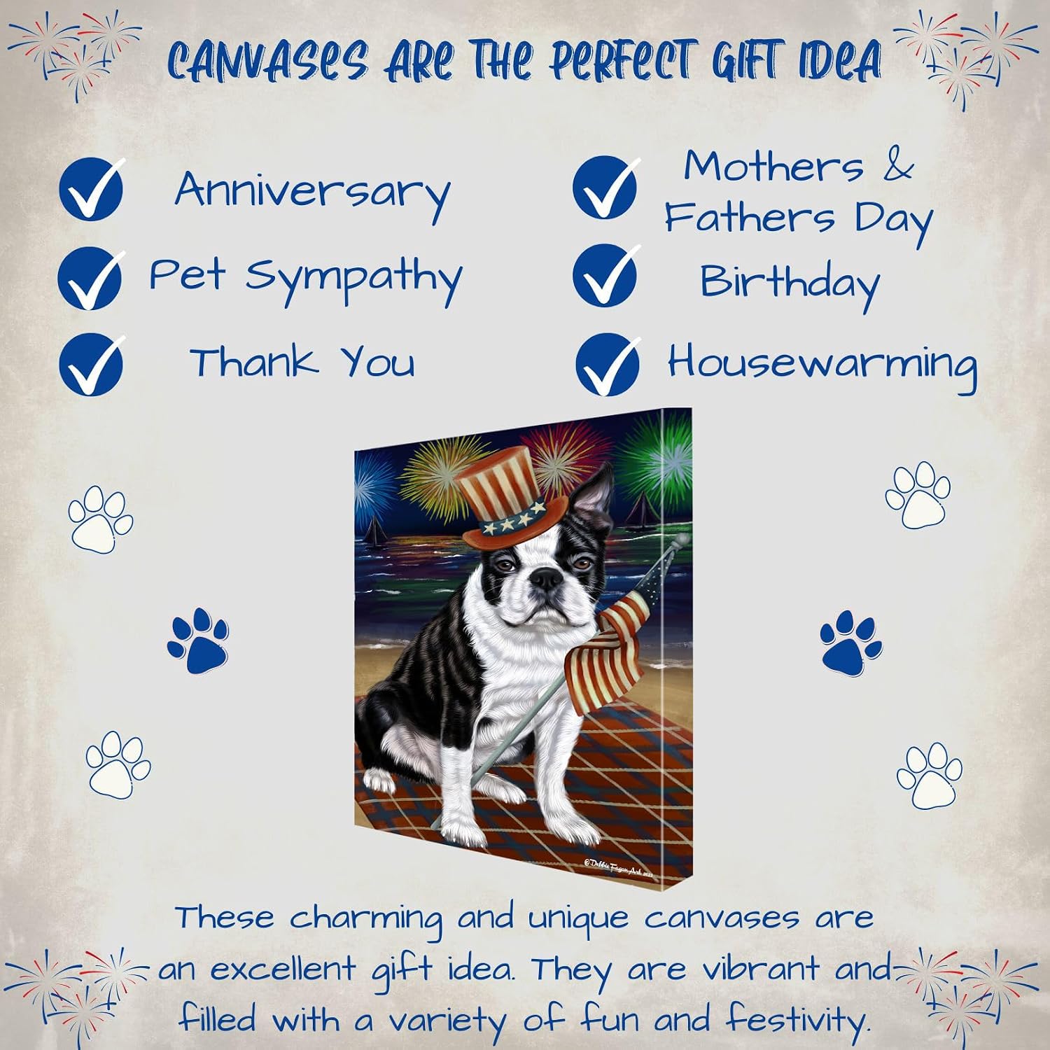 Doggie of the Day 4th July Fireworks with Boston Terrier Dogs Canvas Wall Art - Premium Quality Ready to Hang Room Decor - Flat Rolled 16" x 24"