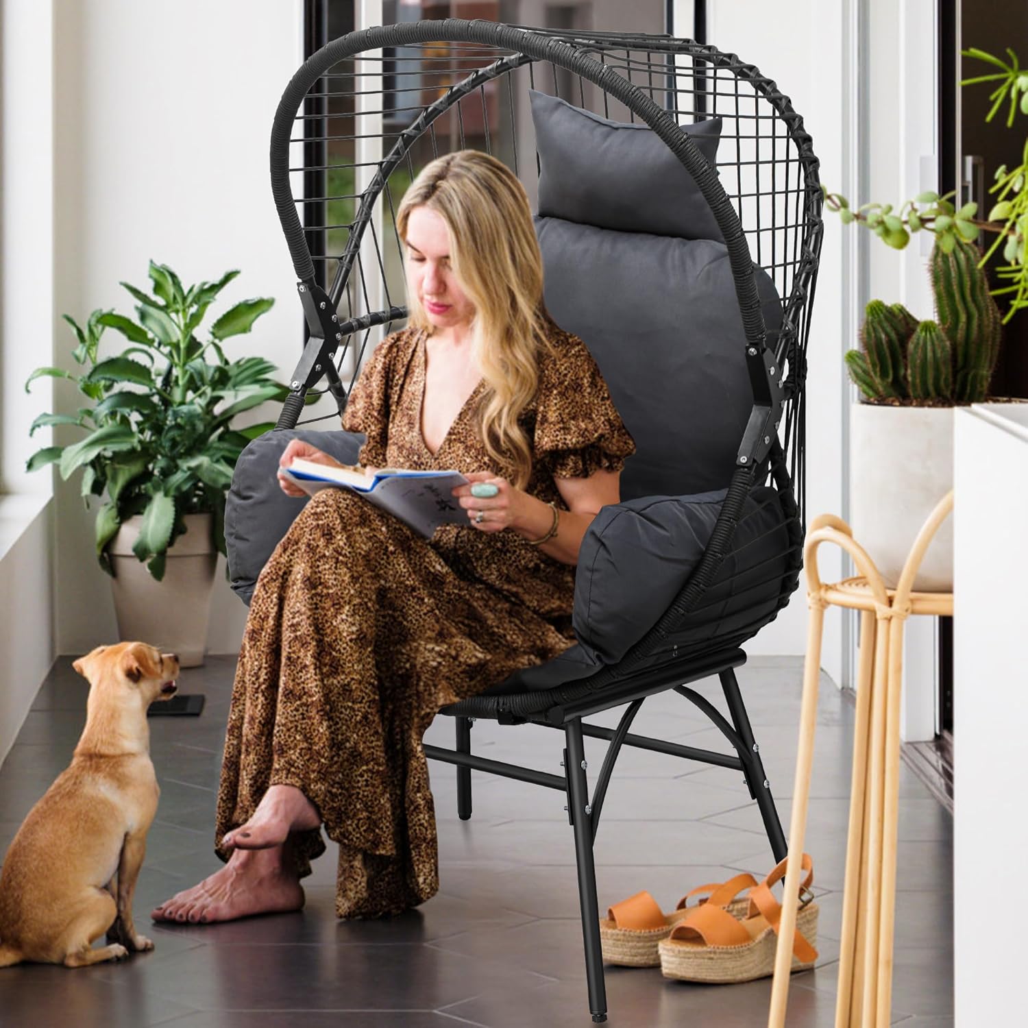 YITAHOME Egg Chairs Wicker Chair Egg Lounge Chair with Cushion Egg Basket Chair PE Rattan Chair with Legs 330LBS for Patio, Garden, Backyard, Porch, Gray Grey