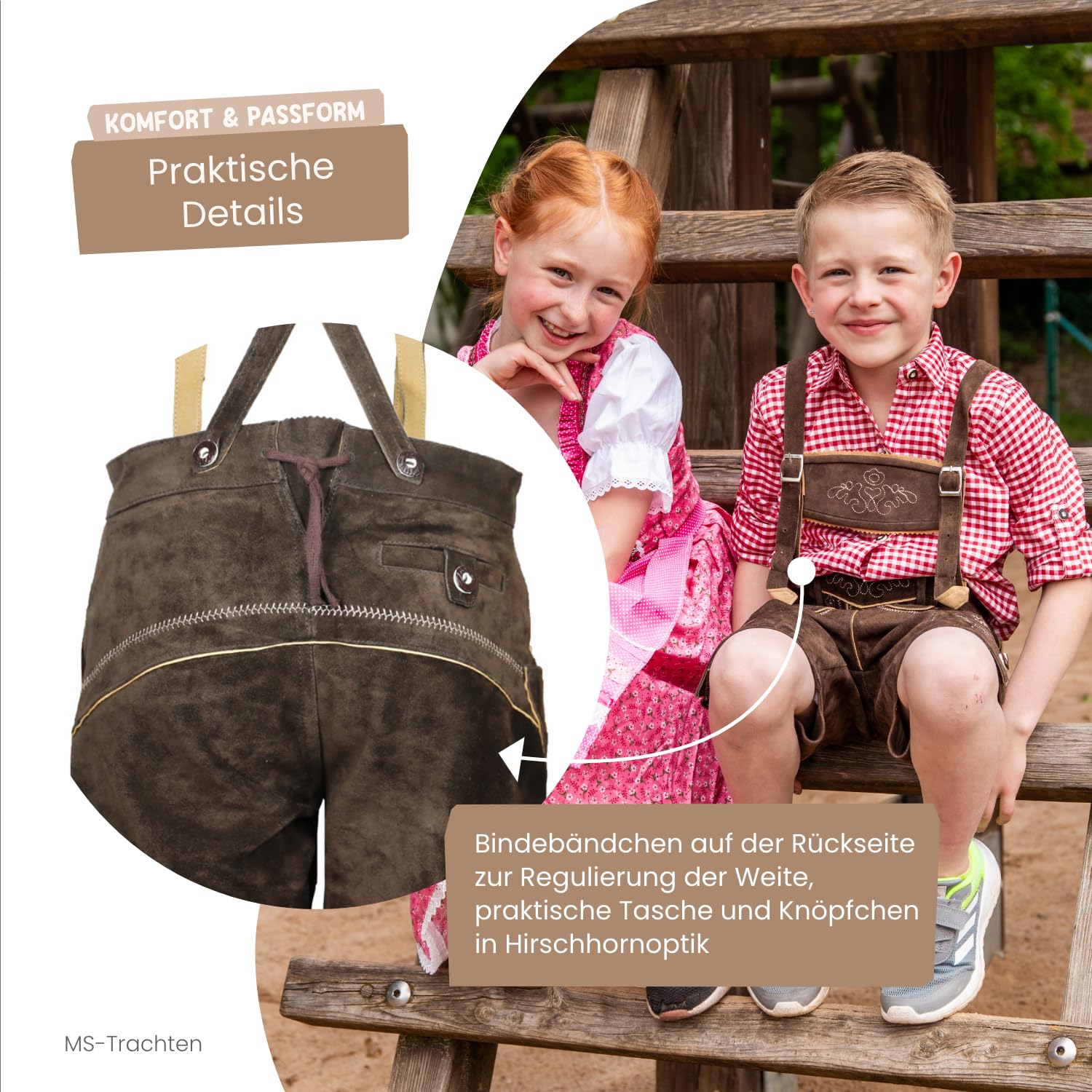 MS-Trachten Pantaloni Tradizionali in Pelle per Bambini Pantaloni Leo Tracht Marrone Corto